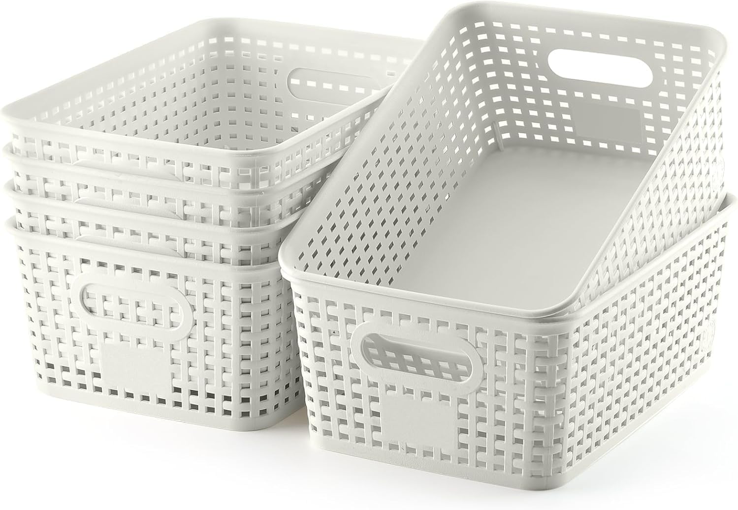 Plastic Storage Organizer Baskets with Handles, White, 6 Pack