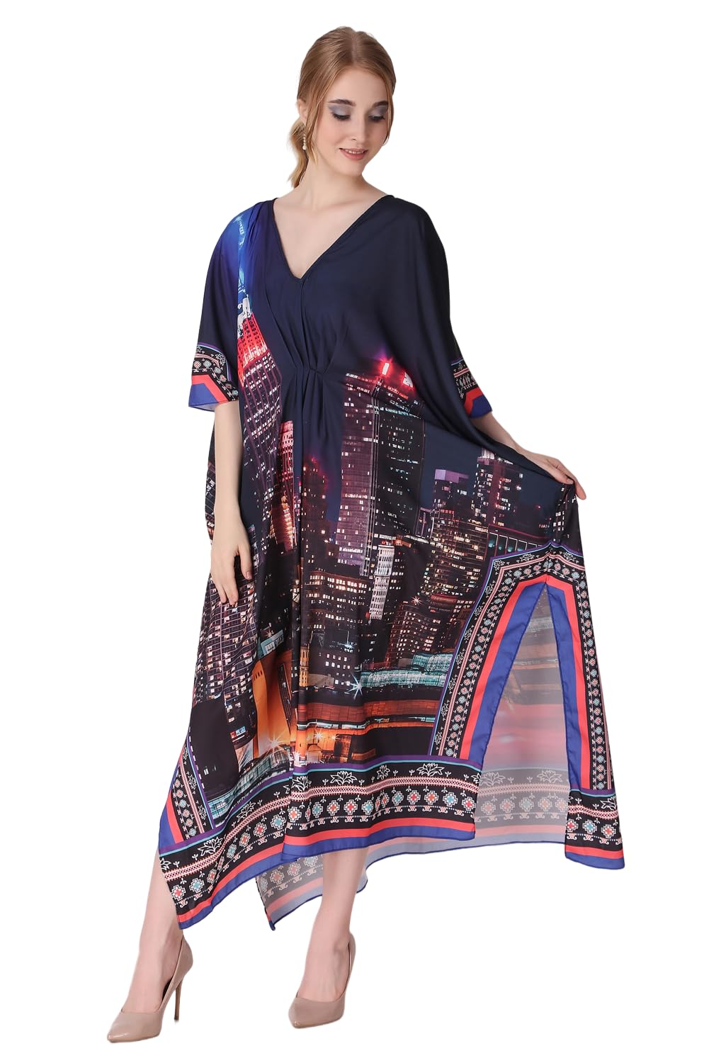 dressprinted Downtown Dream Printed Crepe Maxi Length Long Kaftan Dress for Women Multicolor Freesize-picture-51