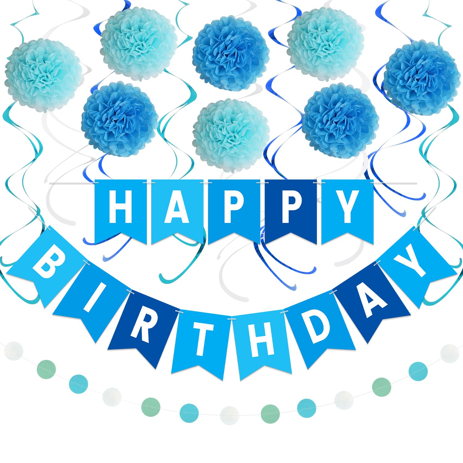 Blue Birthday Decorations | Blue Happy Birthday Banner, Tissue Paper, Swirls, Garland | Birthday Decorations for Men, Boys | Happy Birthday Decorations | Blue Birthday Party Decorations