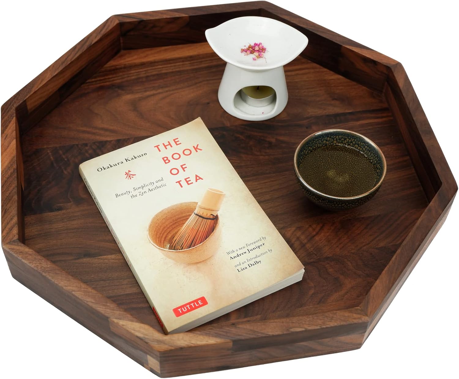 16 Inches Extra Large Octagonal Black Walnut Wood Ottoman Tray with Handles, Serve Tea, Coffee Classic Wooden Decorative Serving Tray - Image 5