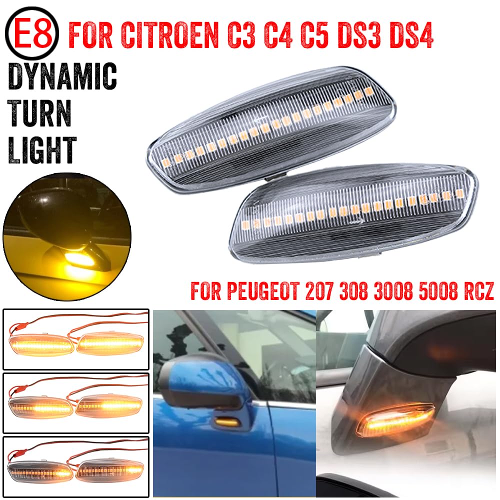 Feu Clignotant Latéral LED Dynamique Pour Peugeot 308, Citroën C4, Etc. - Version Mise à Jour Verre Blanc
