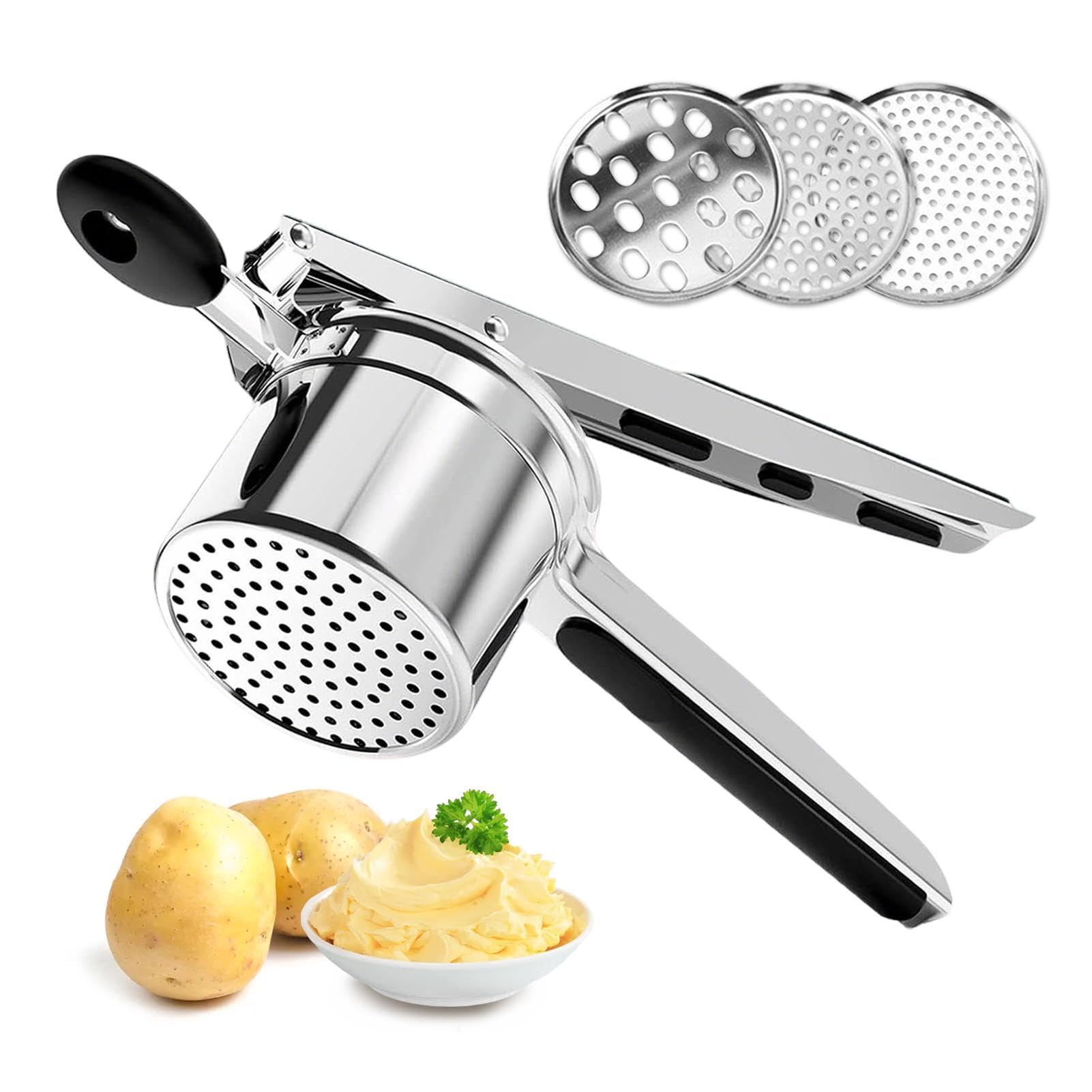 Potato Ricer, Heavy Duty Stainless Steel Masher with 3 Interchangeable Discs for Fluffy Mashed Potatoes, Food & Fruit Press, Dishwasher Safe(Sliver,Size:13inch)