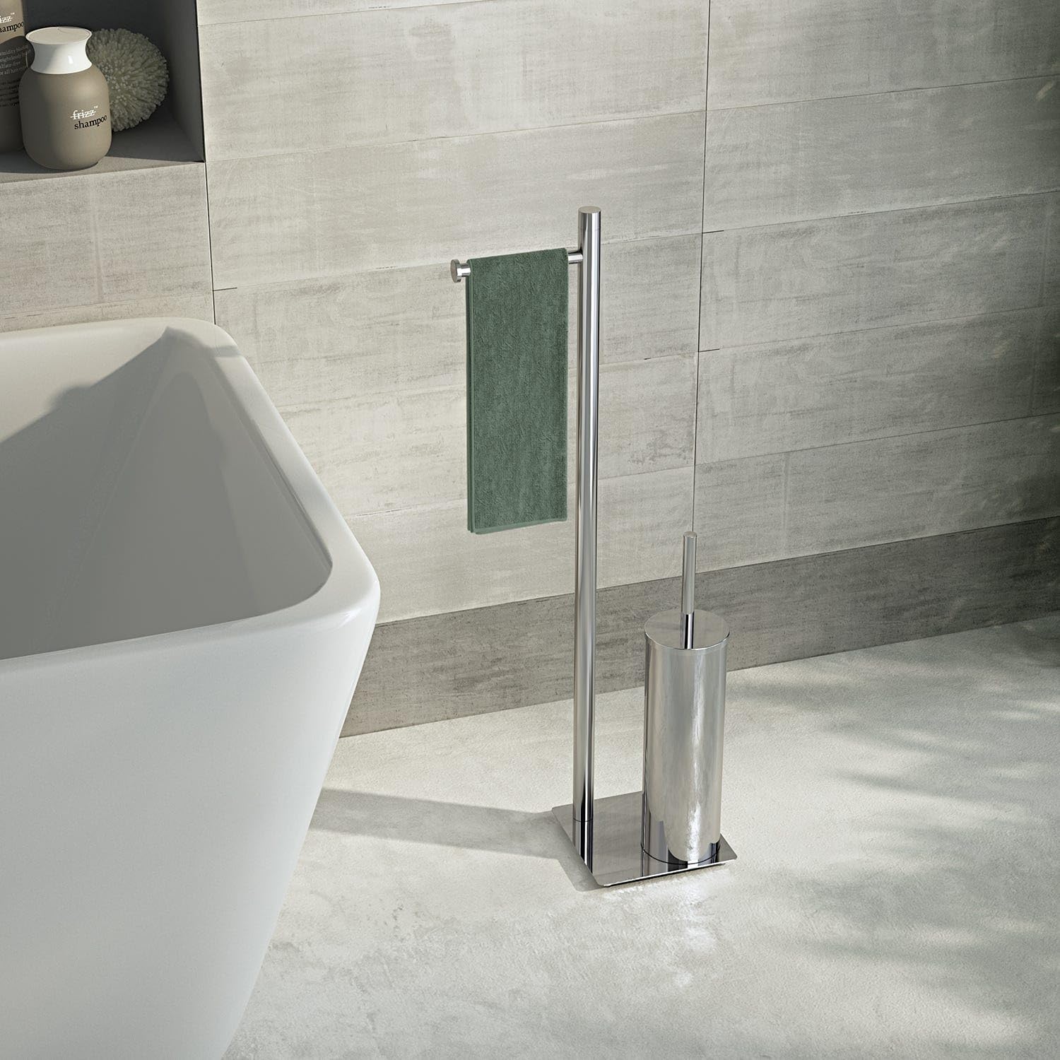 Kiamami Valentina - Piantana portarotolo e portascopino da bagno in acciaio inox e resina, finitura spazzolata, dimensioni compatte, linea SILENE