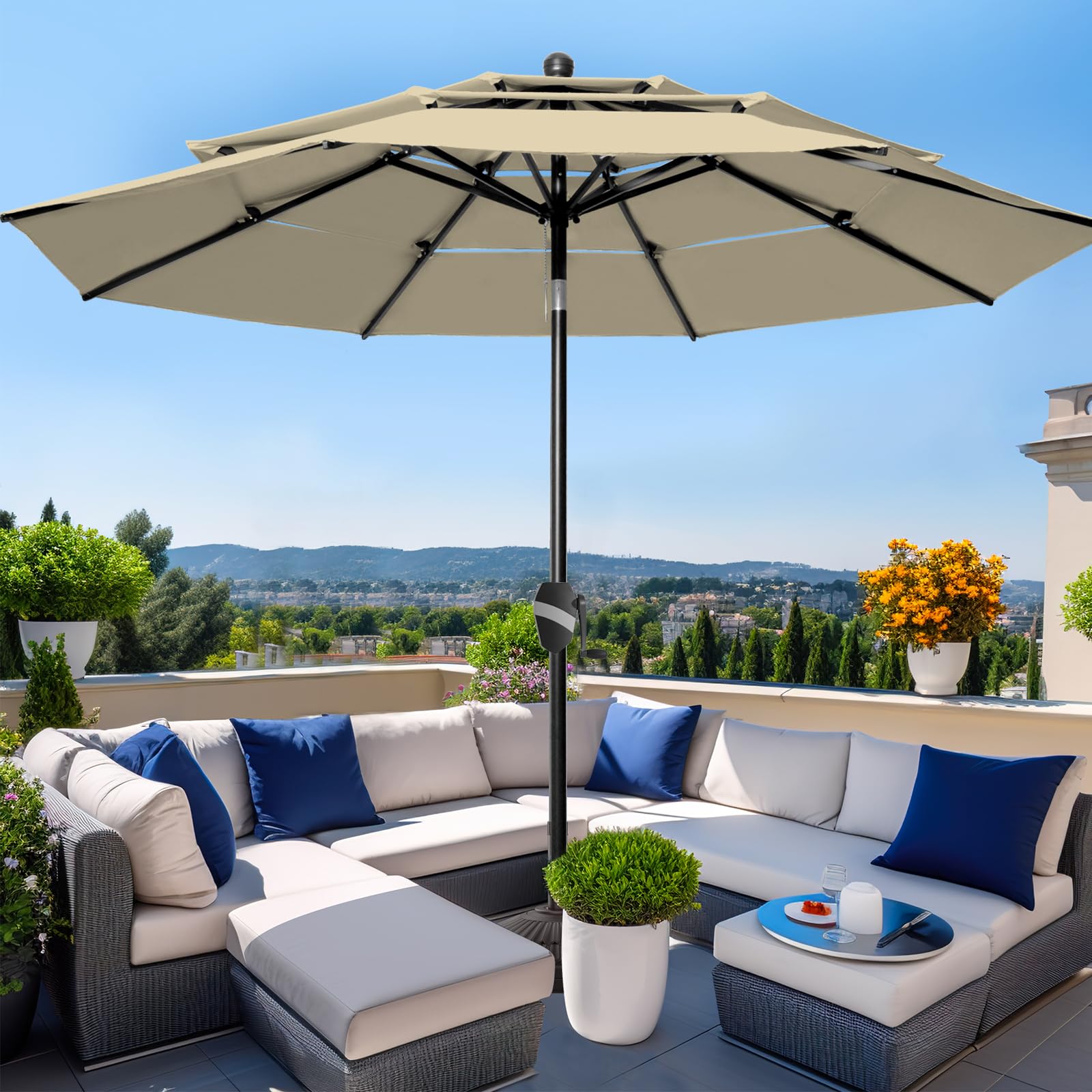 BLUU 9FT 3Tiers Sunbrella Umbrella Market Table Sun Umbrella Aluminum Patio Umbrella with 10-Year Non-Fading Sunbrella Acrylic Fabric Canopy Top with Cover, Antique Beige