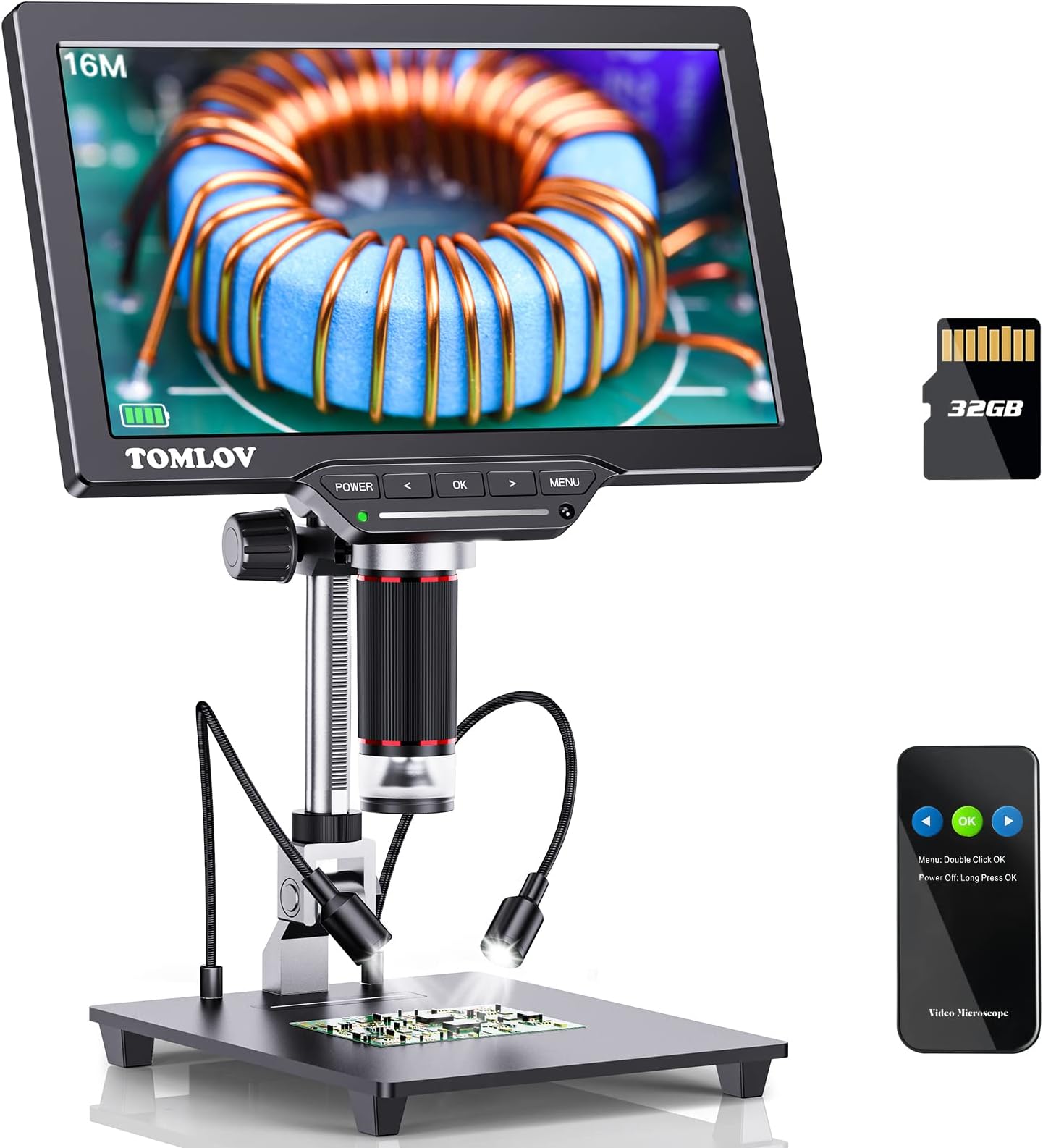 TOMLOV DM202 Digital Microscope, 10.1 Inch Coin Microscope Full View,16MP HDMI LCD Digital Microscope with Screen, Electronics Repair Soldering Microscope for Adults,TV/Windows/Mac Compatible, 32GB