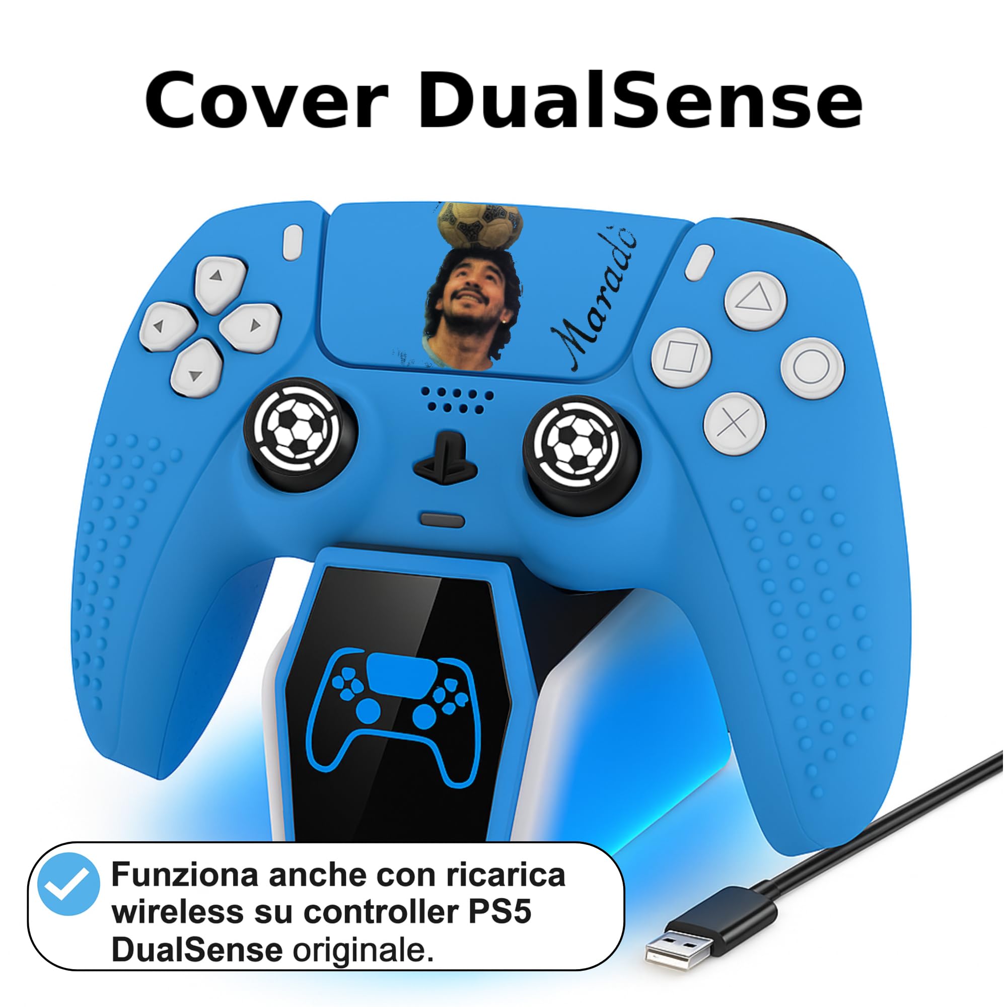 Kit Cover PS5 Celeste – Guscio in Silicone + Grips Antiscivolo (Thumb Grips) + Touchpad Sticker – Custodia Skin Anti Slip – Compatibile con Controller DualSense – Per veri tifosi