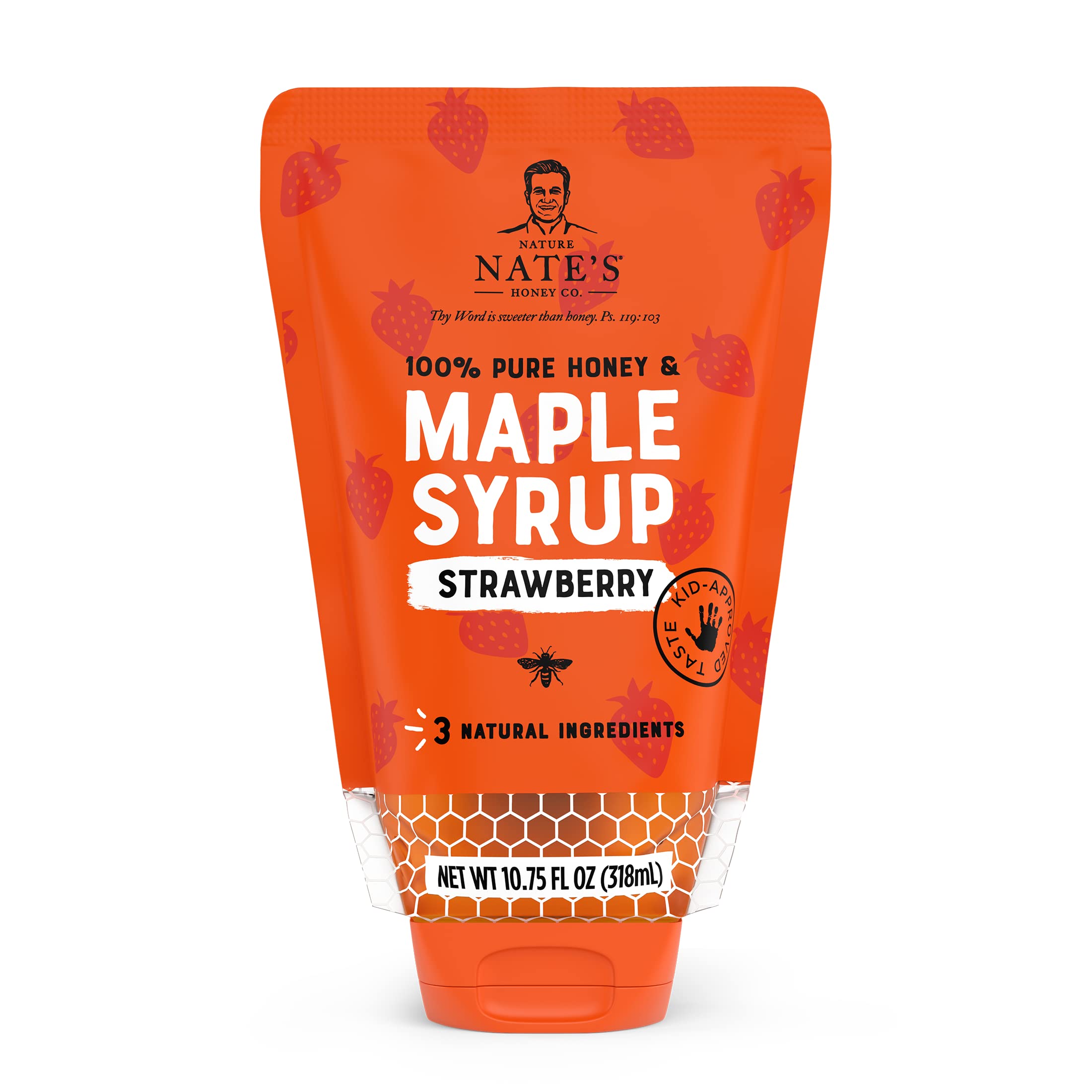 Nate's Strawberry Honey Maple Syrup - 10.75 oz Sustainable Pouch - 100% Pure Honey, Real Maple Syrup, and Natural Strawberry Flavor - All-Natural Topping for Waffles and Pancakes - Kid-Approved Taste