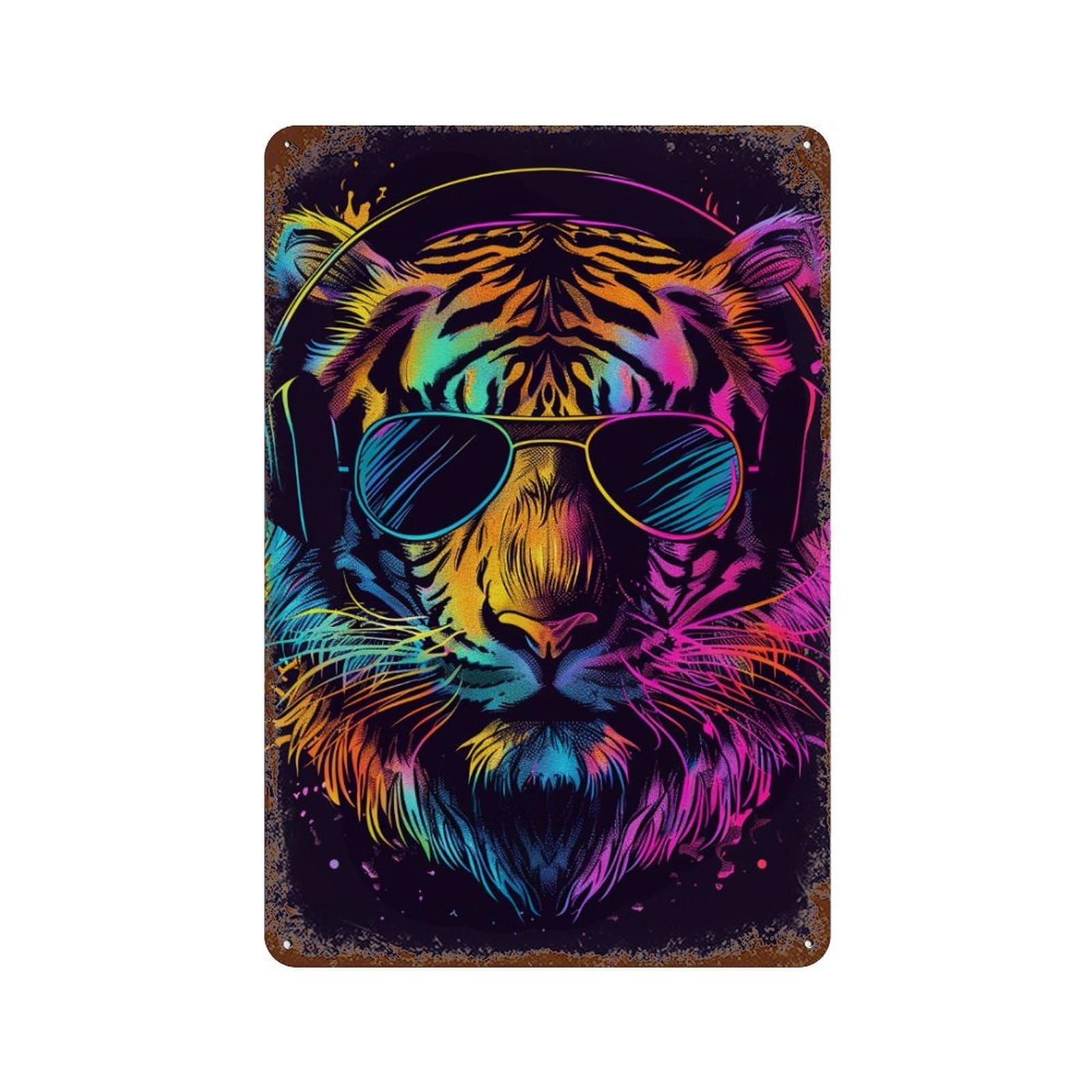 Vibrant Tiger Headphones Art Print -1 Vintage Rust Metal Sign 11.8"x7.9", for Basement, Hobby Room And Garage Decor, Retro Wall Decor