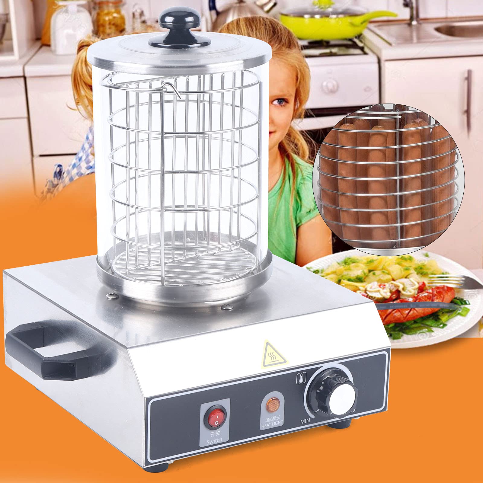 Máquina de perritos calientes de 220 V, calentador, 350 W de potencia, acero inoxidable, control de temperatura, restaurante, aperitivo, catering