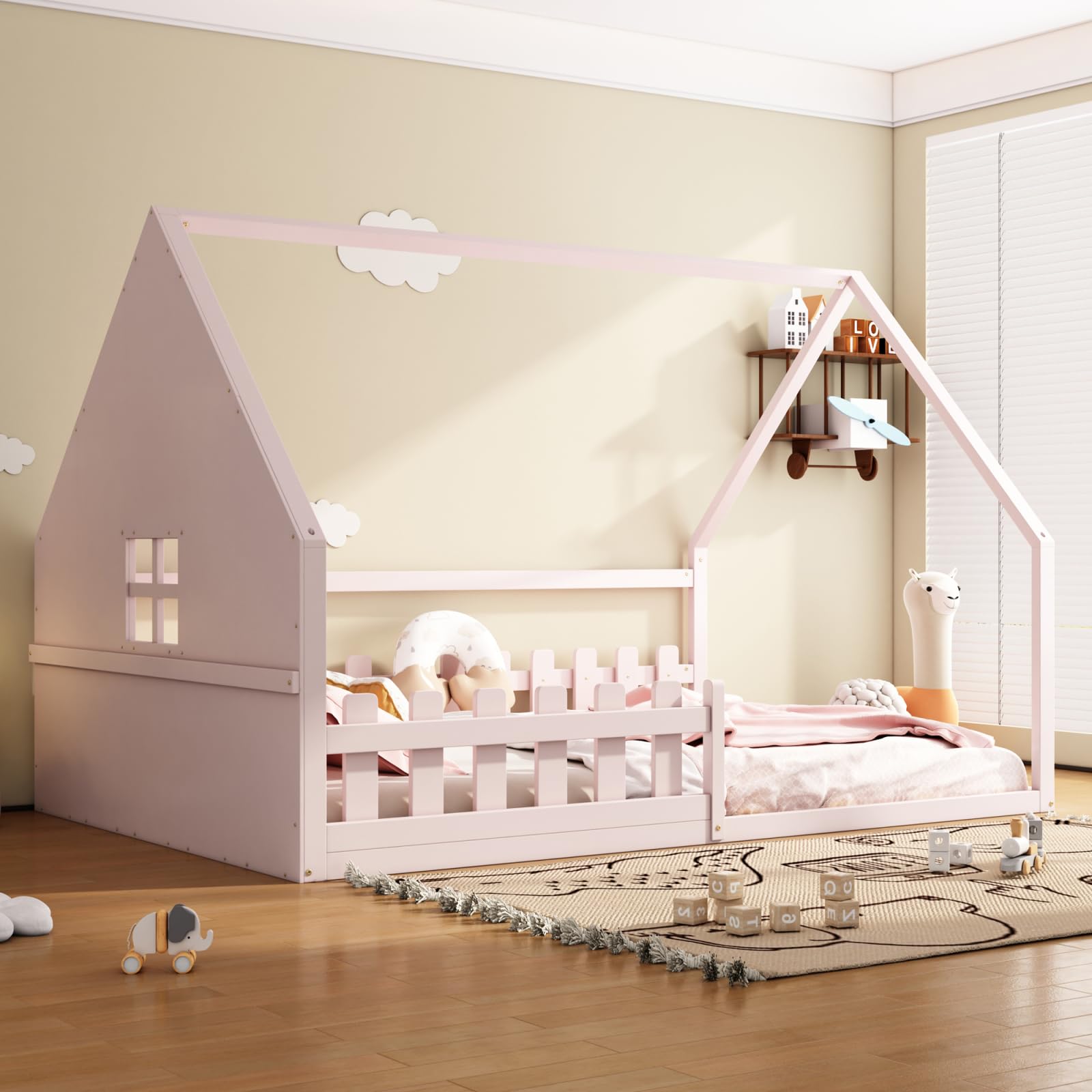 Cama infantil, cama Montessori, cama de madera de pino macizo, cama individual con forma de casa para niños o niñas, sin colchón (rosa, 140 x 200 cm)