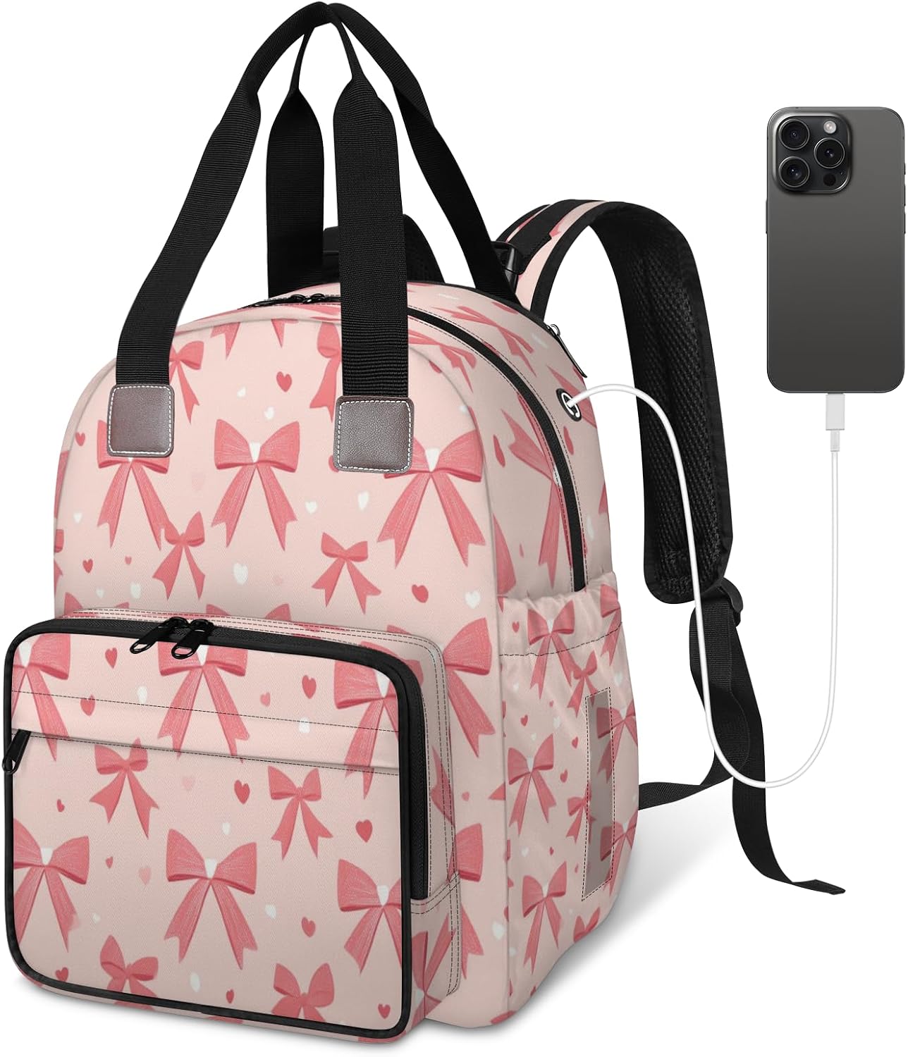 Pink Bow Ribbon Diaper Bag Backpack Essentials Travel Tote Multifunction Waterproof Bag with Stroller Straps USB Charging Port
