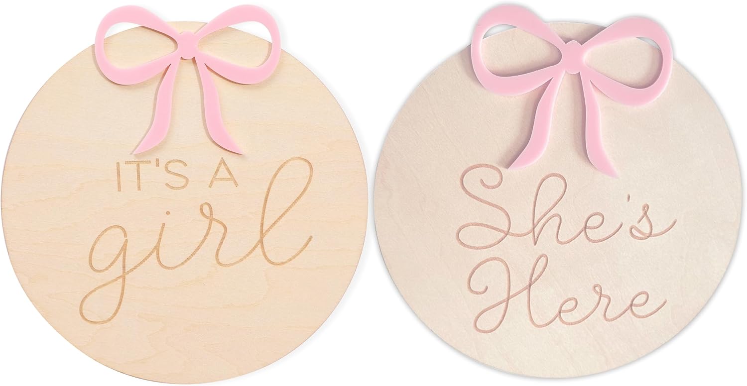 It's A Girl Gender Reveal Decorations - She's Here Wooden Card,Hospital Birth Gender Announcement,Girls Bow Hospital Sign,Baby Birth Sign Double Sided Engraving Photo Props