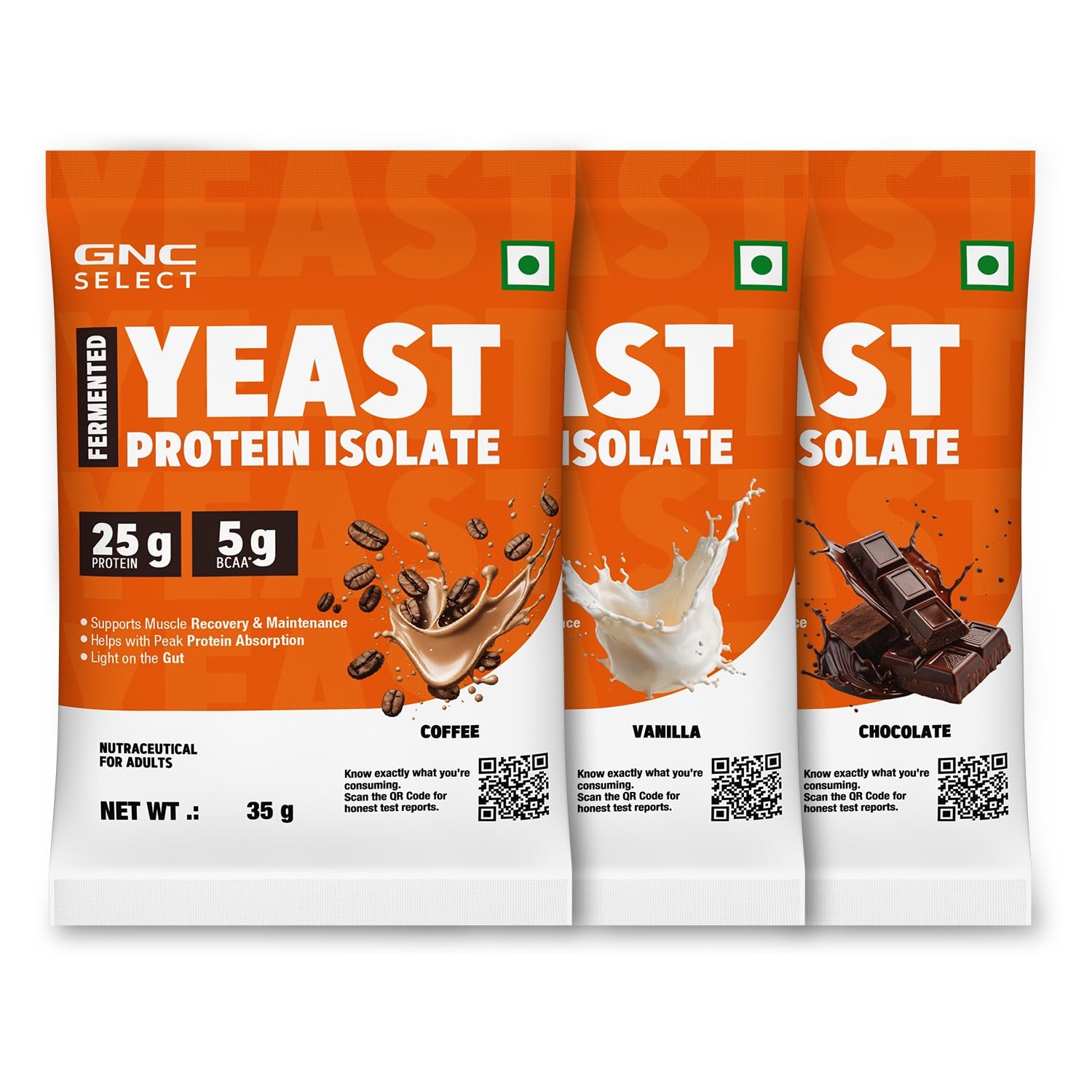 GNC Select Yeast Protein | Try All 3 Flavours | 3 x 35g Trial Pack | Vanilla, Chocolate & Coffee | 25g Protein, 5g BCAAs | Fermentation-Grown | Added Protease-image-35