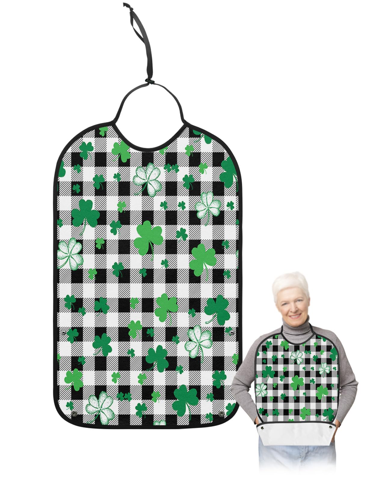 St. Patrick's Day Adult Bibs for Eating, Waterproof Bibs with Food Catcher & Adjustable Snap Closure, Green Lucky Clover on Black and White Buffalo Plaid Clothing Protectors Adult Bibs for Elderly