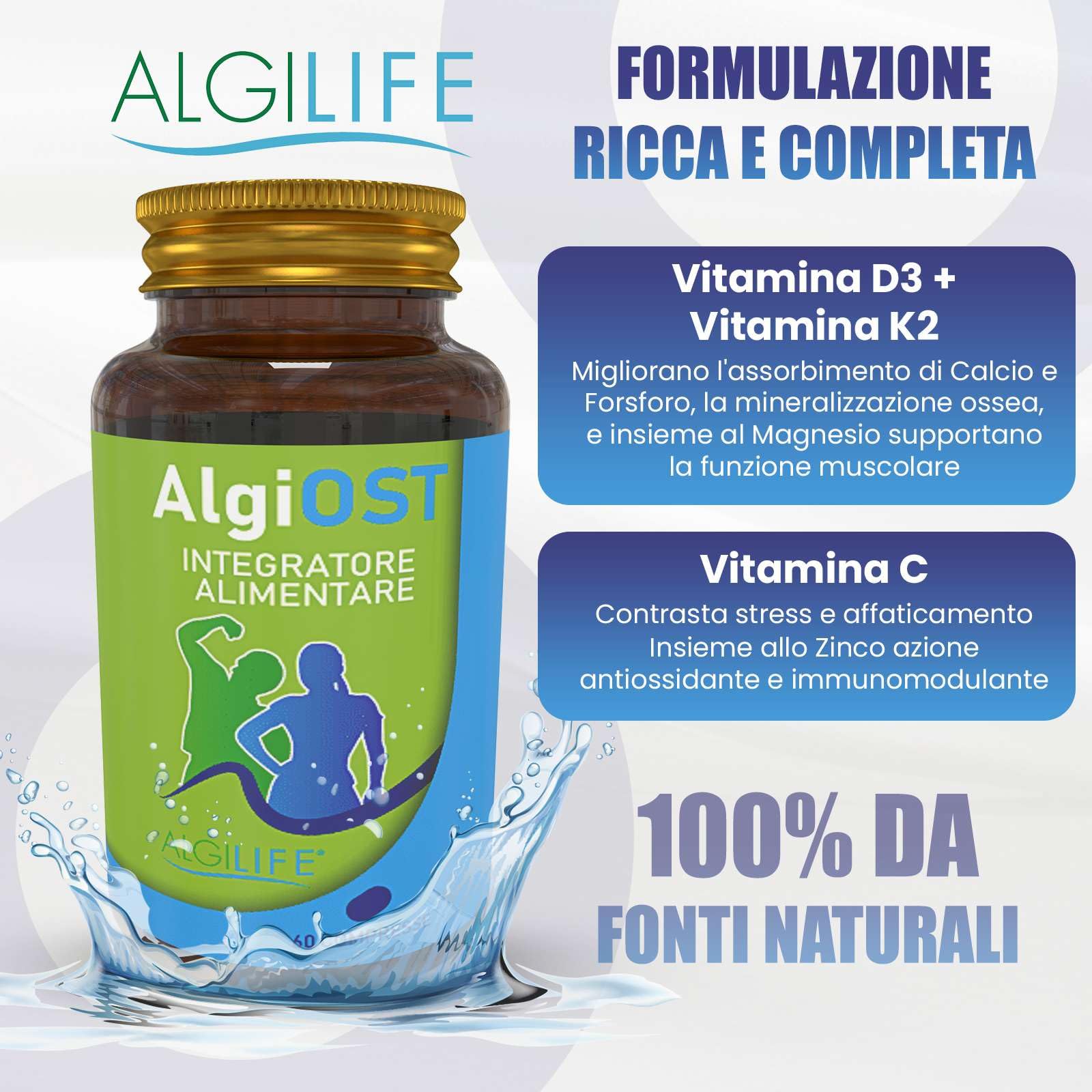Calcio Magnesio Zinco e Vitamina D3 K2, Vitamina C, Manganese (60 Compresse Vegane) AlgiOST ALGILIFE - ZMA Integratore Magnesio, Calcio Integratore, Zinco Integratore per Ossa, Denti, Articolazioni