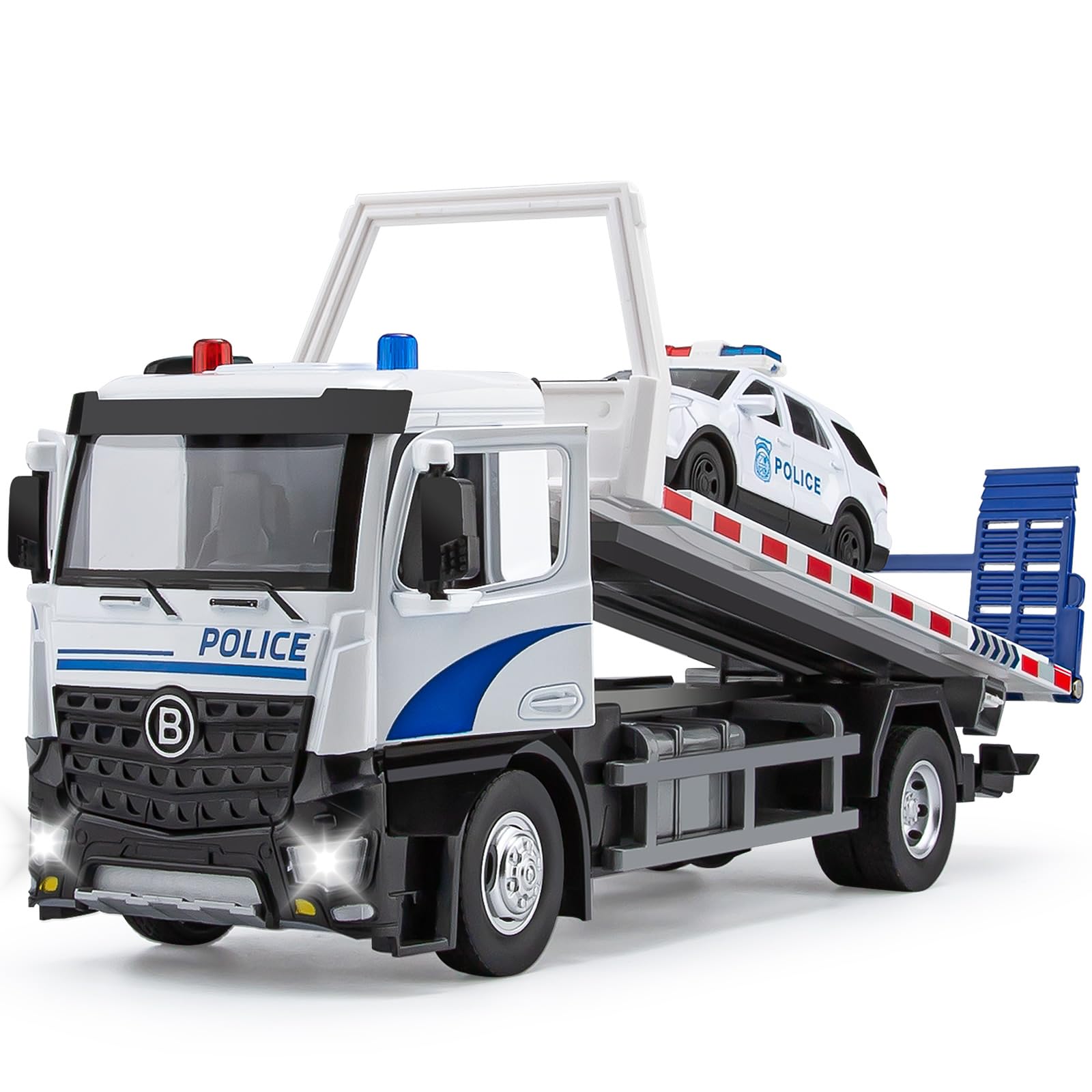 Police Tow Truck Toy Metal Cab, Flatbed Tow Truck Toys for Boys with Lights and Siren Sounds, Friction Powered Police Car for Toddlers Kids 12.5"