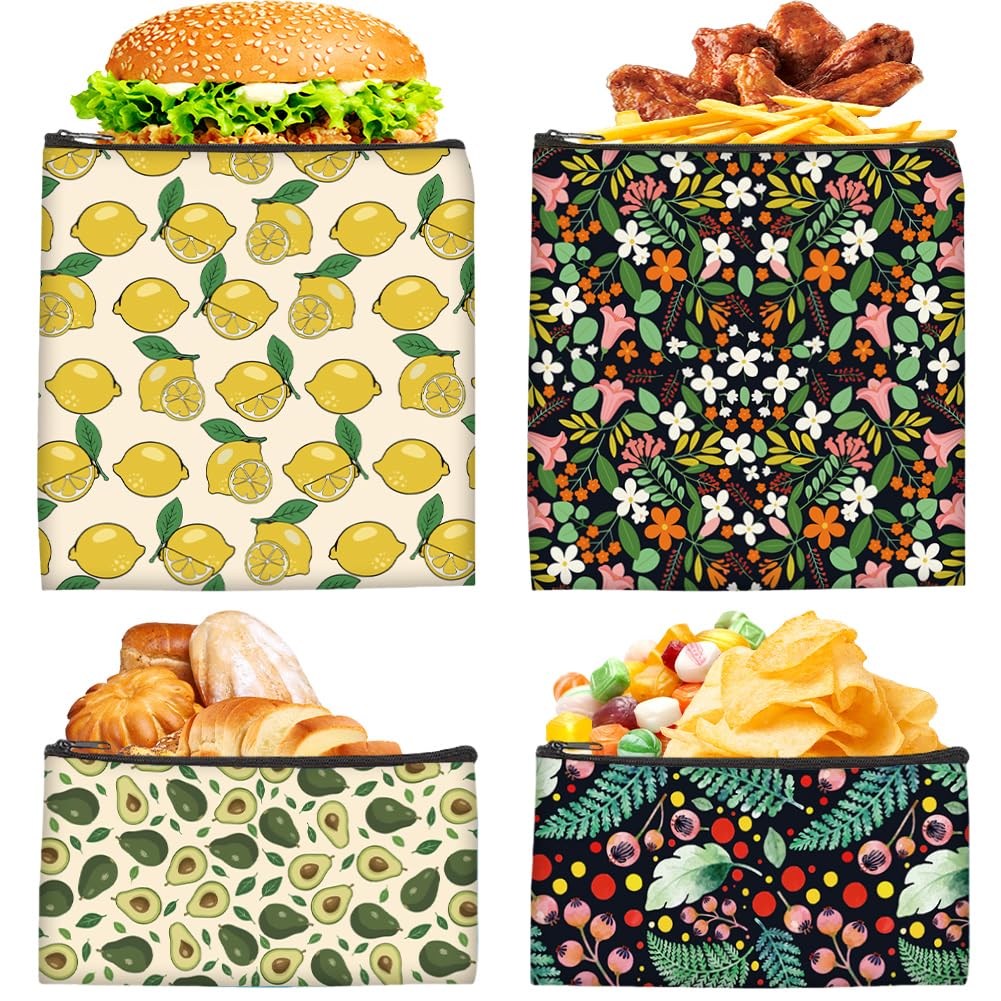 PRESSINART Fruit Snack Bags Reusable 4Pcs 4 Styles 2 Sizes Washable Zipper Design, Fabric Sandwich Bags Avocado Lemon Floral Leaf Print Food Safety Pouches for Lunch Travel Picnic Outdoor Daily Use