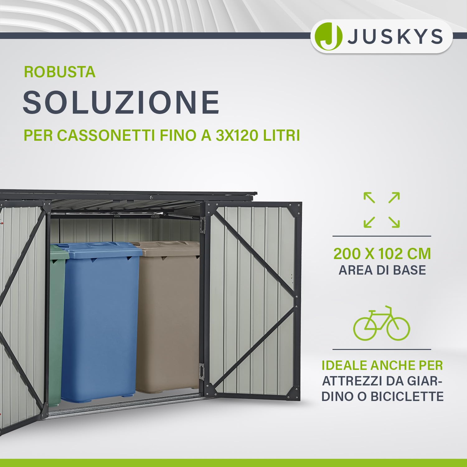 Juskys Contenitore per bidoni dei rifiuti da 3 pezzi Namur 3 bidoni da 120 litri - 2m² - 2 porte - Rivestimento contenitore rifiuti metallico Cassonetti per rifiuti Casetta per bidoni Contenitore