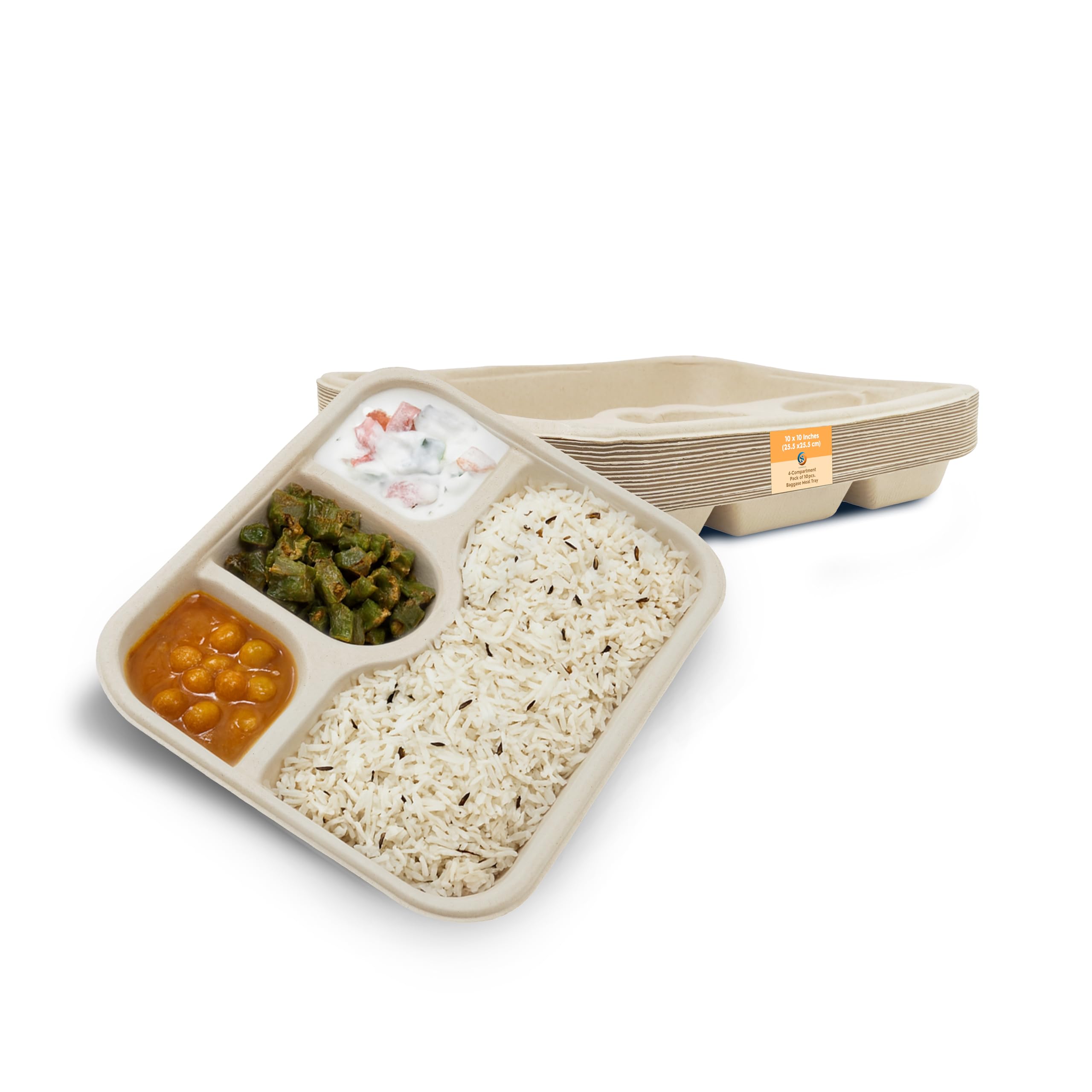 SANWALSA [4-Compartment, 10 Count, Beige Disposable Bagasse Plates | Eco-Friendly Sugarcane Meal Tray for Wedding, Party, Picnic, Event | Mess-Free Sections