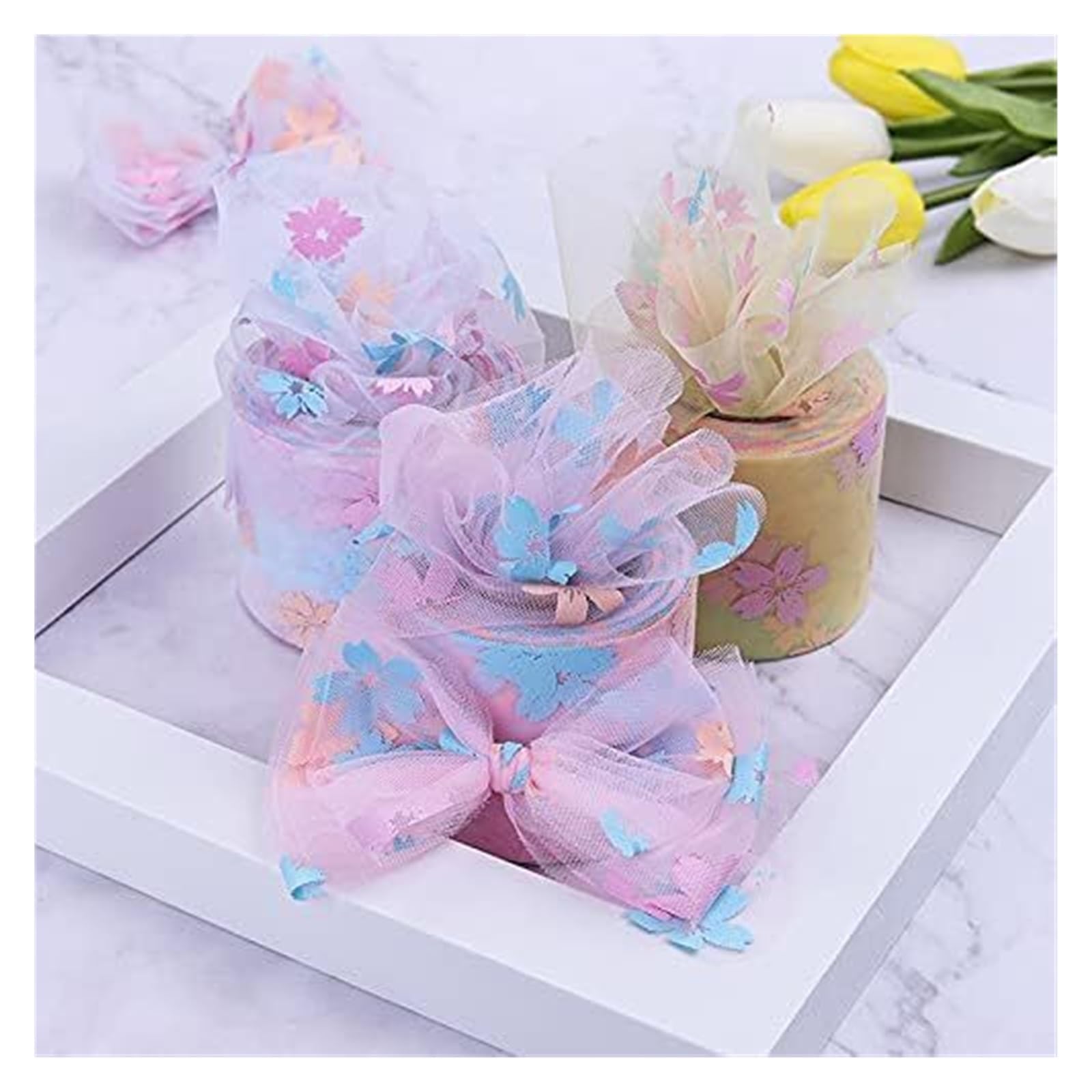 rolki wstążek z organzy, Wstążka do pakowania prezentów z organzy 25 jardów 3/4 cala Kwiatowy nadruk Multicolor DIY Craft(Pink)