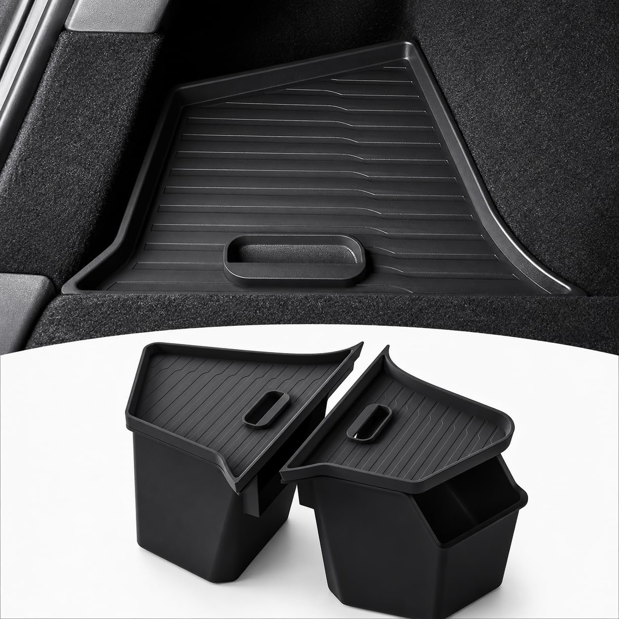 Photo 1 of PUOENI New 2025 2026 Model Y Juniper Rear Trunk Storage Bins with Lids 2PCS Refresh Model Y Rear Trunk Storage Box TPE Waterproof Trunk Organizer for Model Y Juniper Interior Accessories