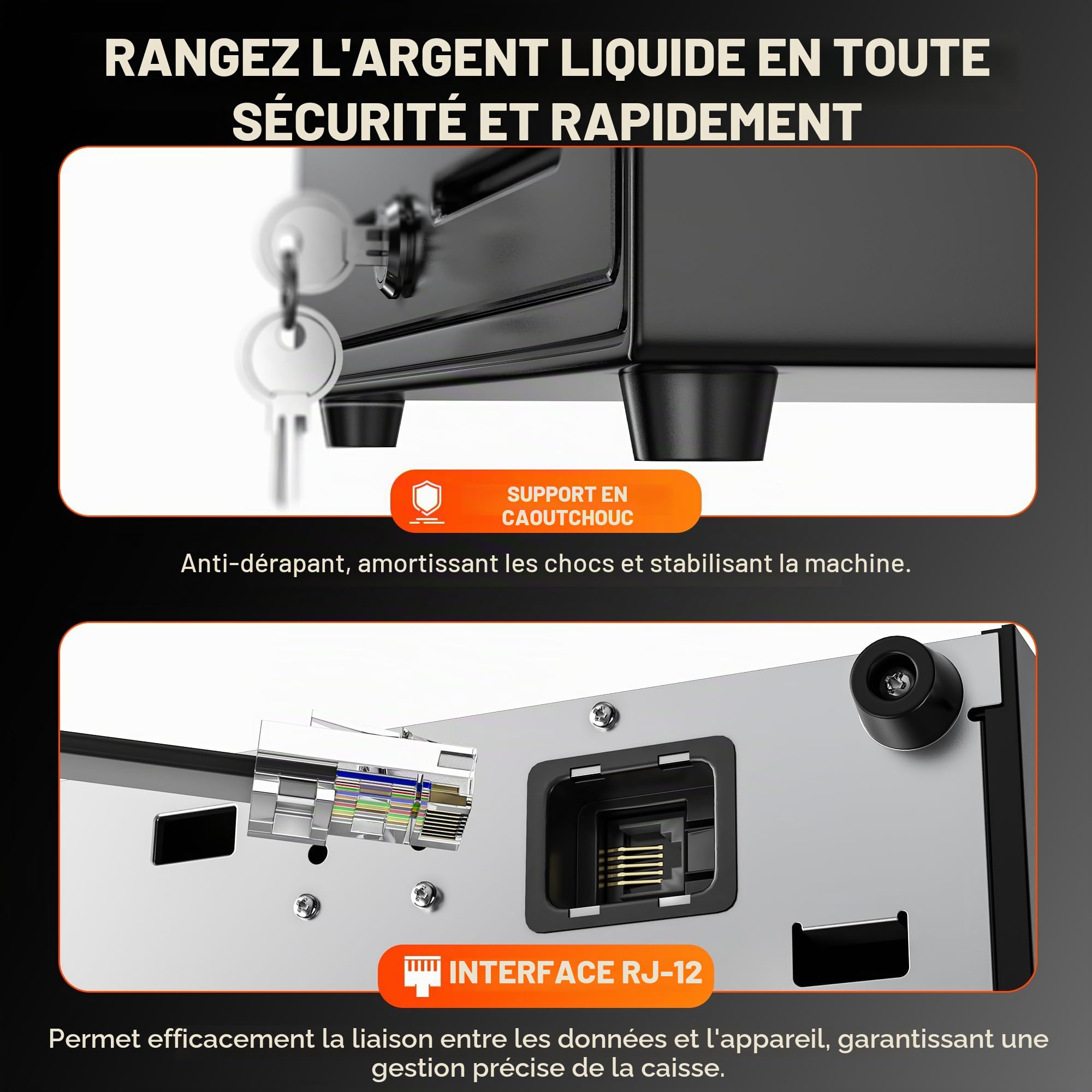 Tera tiroir-caisse 13" pour POS: 4 compartiments billets 8 pièces 6 clés ouverture auto compartiment pièces amovible verrouillage à clé interface RJ12 24V fente pour supports 330G