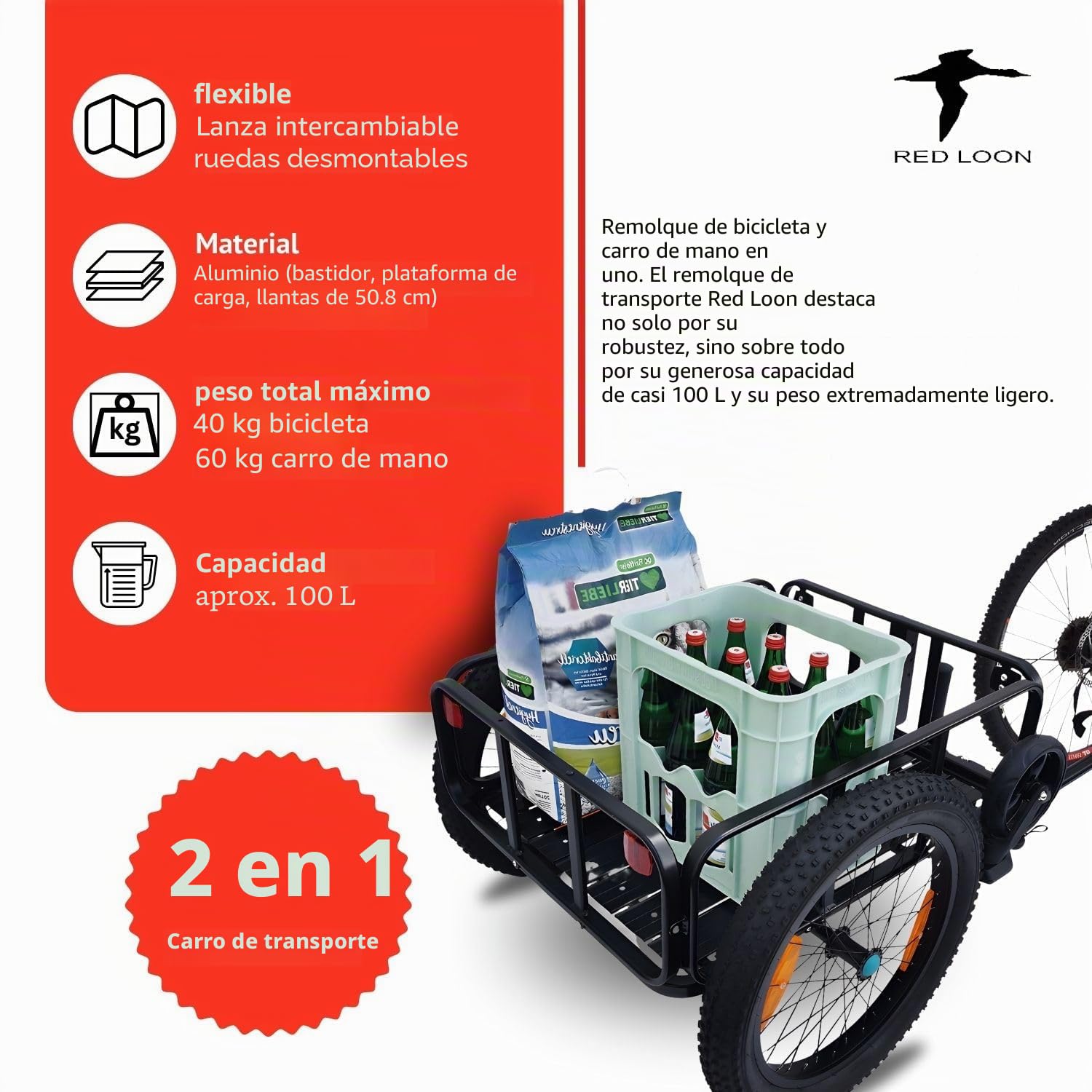 Red Loon BAC502-1 - Remolque de transporte de aluminio para bicicleta (100 litros, neumáticos de 20", máx. 60 kg, para bicicletas de 26 a 28", carretilla de mano
