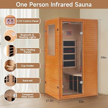 Real Relax Infrared Sauna 1 Person, Indoor Infrared Saunas for Home, Canadian Hemlock Wooden Dry Sauna, 950W 120V with Foot Warmer and 6 Heaters Panels, Compact Spa Room, 27.3x33x59
