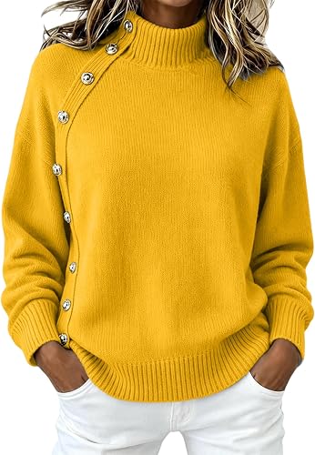 Shiketong Womens Button Mock Neck Sweater Asymmetric Pullover Top Yellow