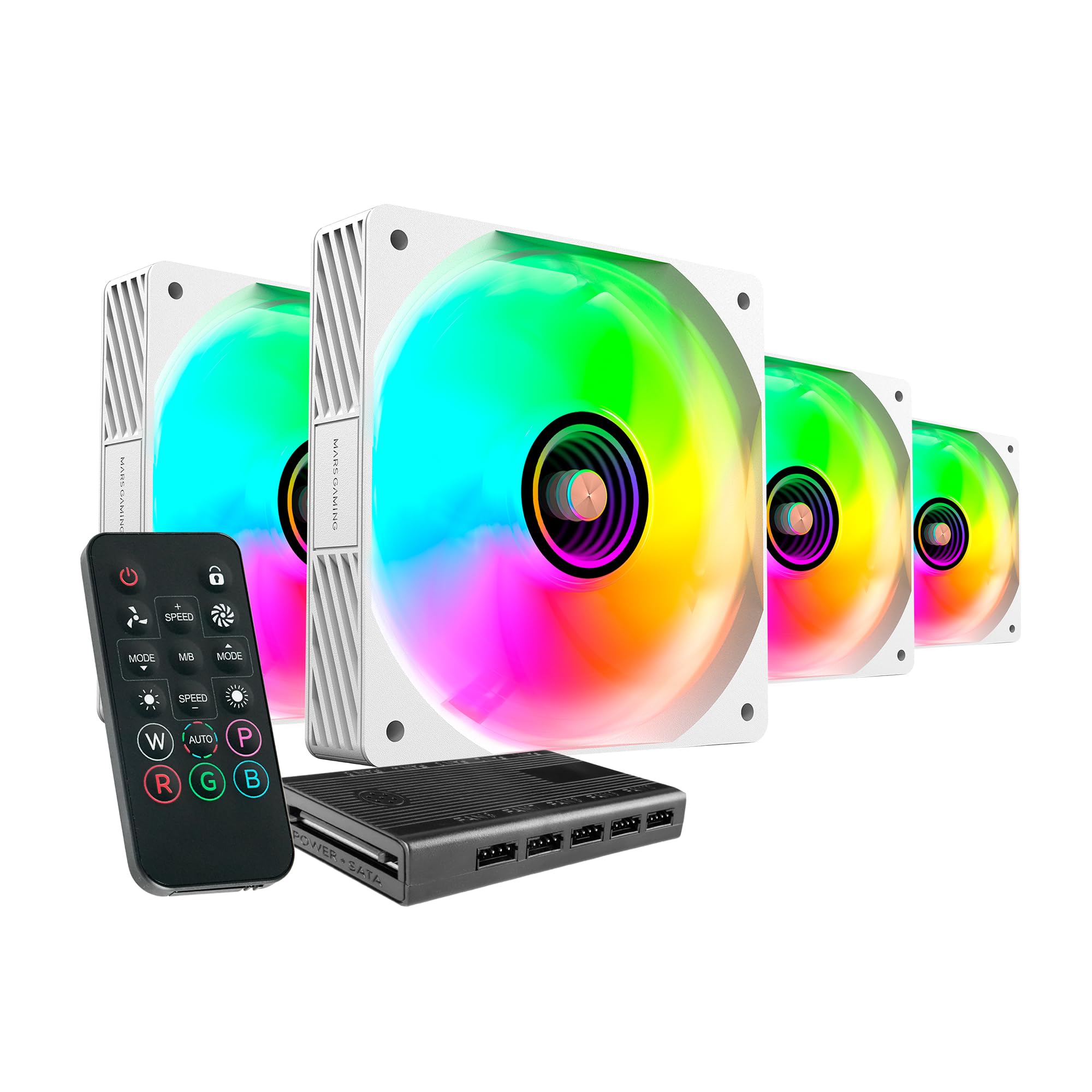 Mars Gaming MF-SI4KIT, Kit 4x Ultra-Quiet Fans 120mm, ARGB Infinity Mirror Lighting, FDB Bearings and Copper Core, Remote Control and HUB, Full ARGB Compatibility, White