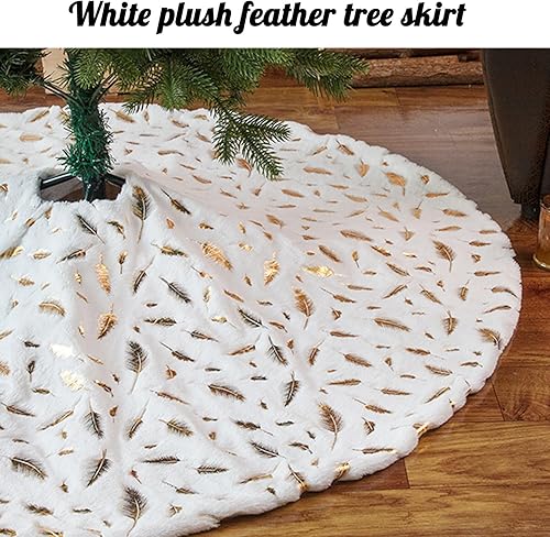 Miniatura 7 de Falda blanca para árbol de Navidad con piel sintética de plumas doradas brillantes, decoraciones de Navidad, faldas de árbol, cubierta de base,