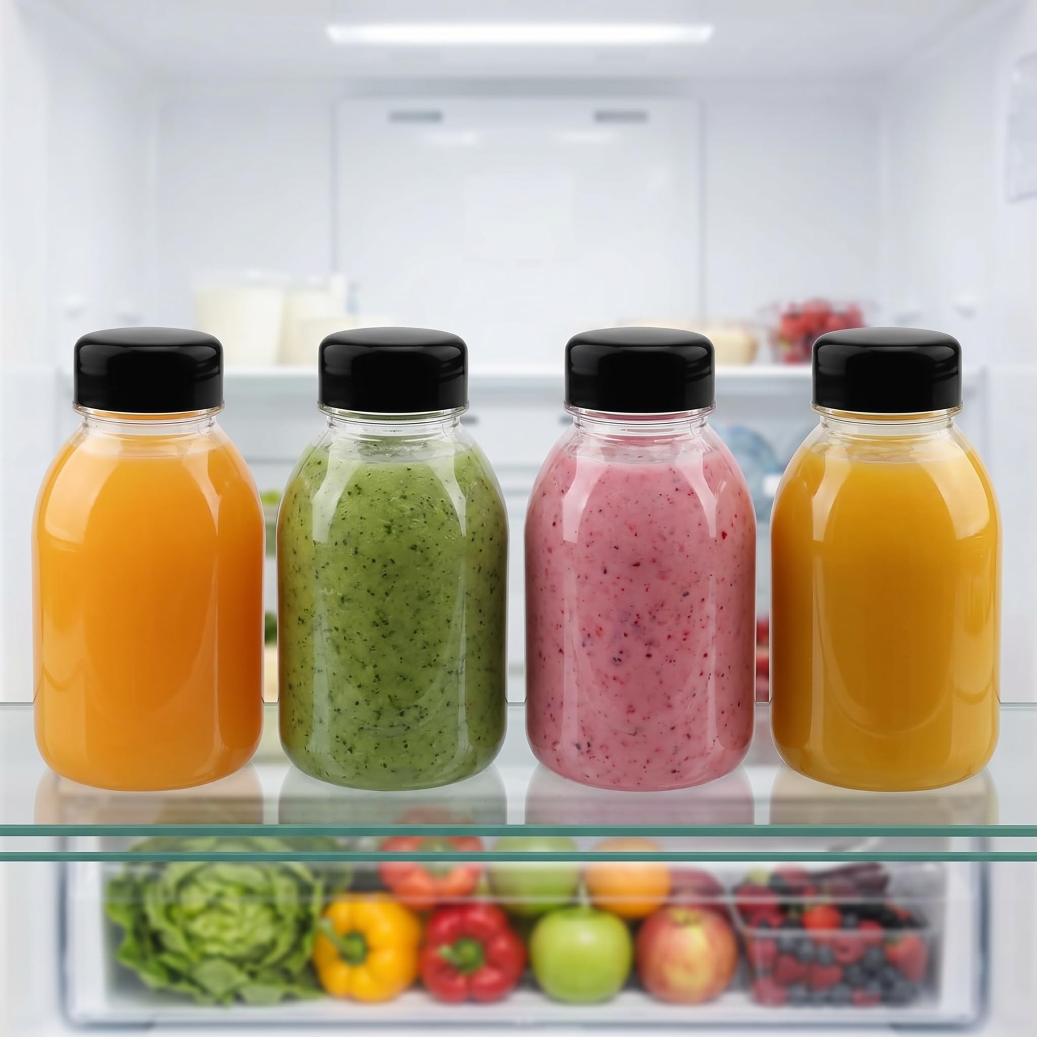 Lot de 30 récipients transparents réutilisables de 250 ml pour jus et autres boissons, 6,5 x 11,5 cm, bouteille de jus en plastique 250ml avec couvercles noirs, bouteilles plastiques vides