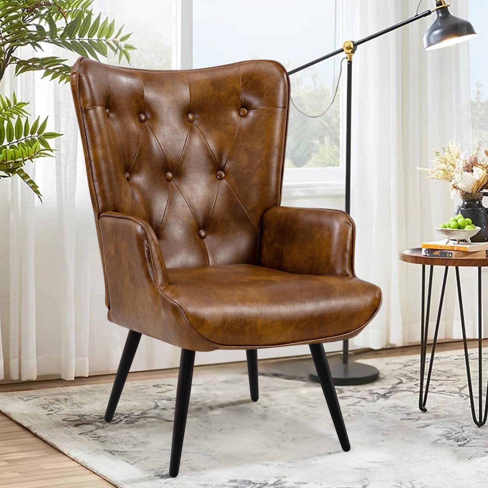 Ckaff PU Leather Accent Chair, Mid-Century Modern Armchair with High Backrest, Tufted-Button Reading Leisure Chair for Living Room Bedroom Waiting Room, Brown