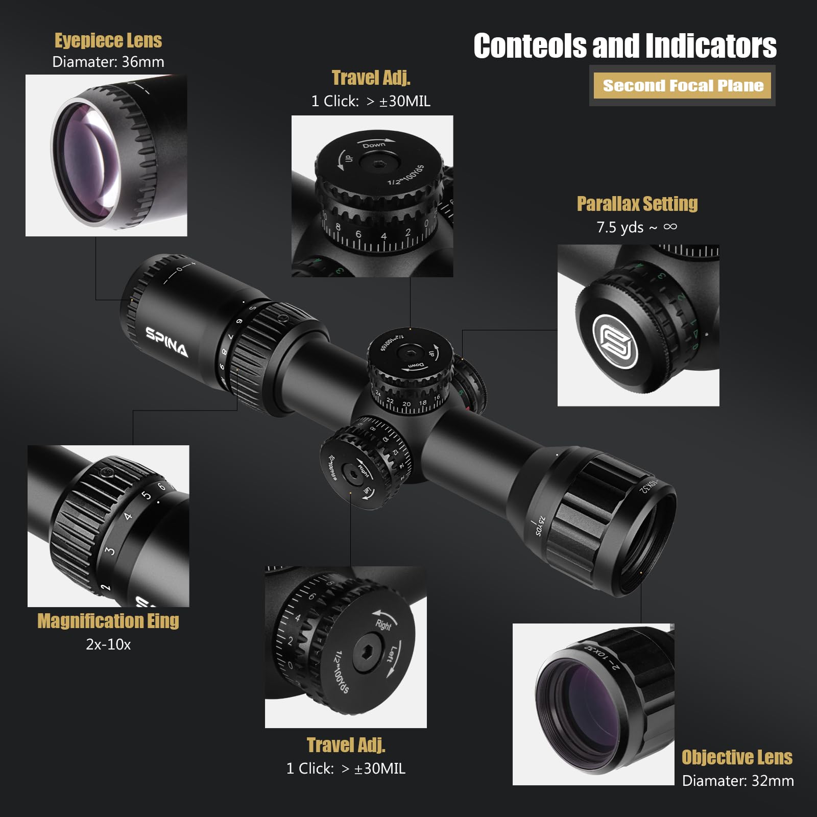SPINA OPTICS IronClaw 2-10x32 AO Lunette de visée avec réticule illuminé Rouge et Vert 5 Niveaux,Tube de 30mm, Plans focaux Secondaires Lunettes de tir