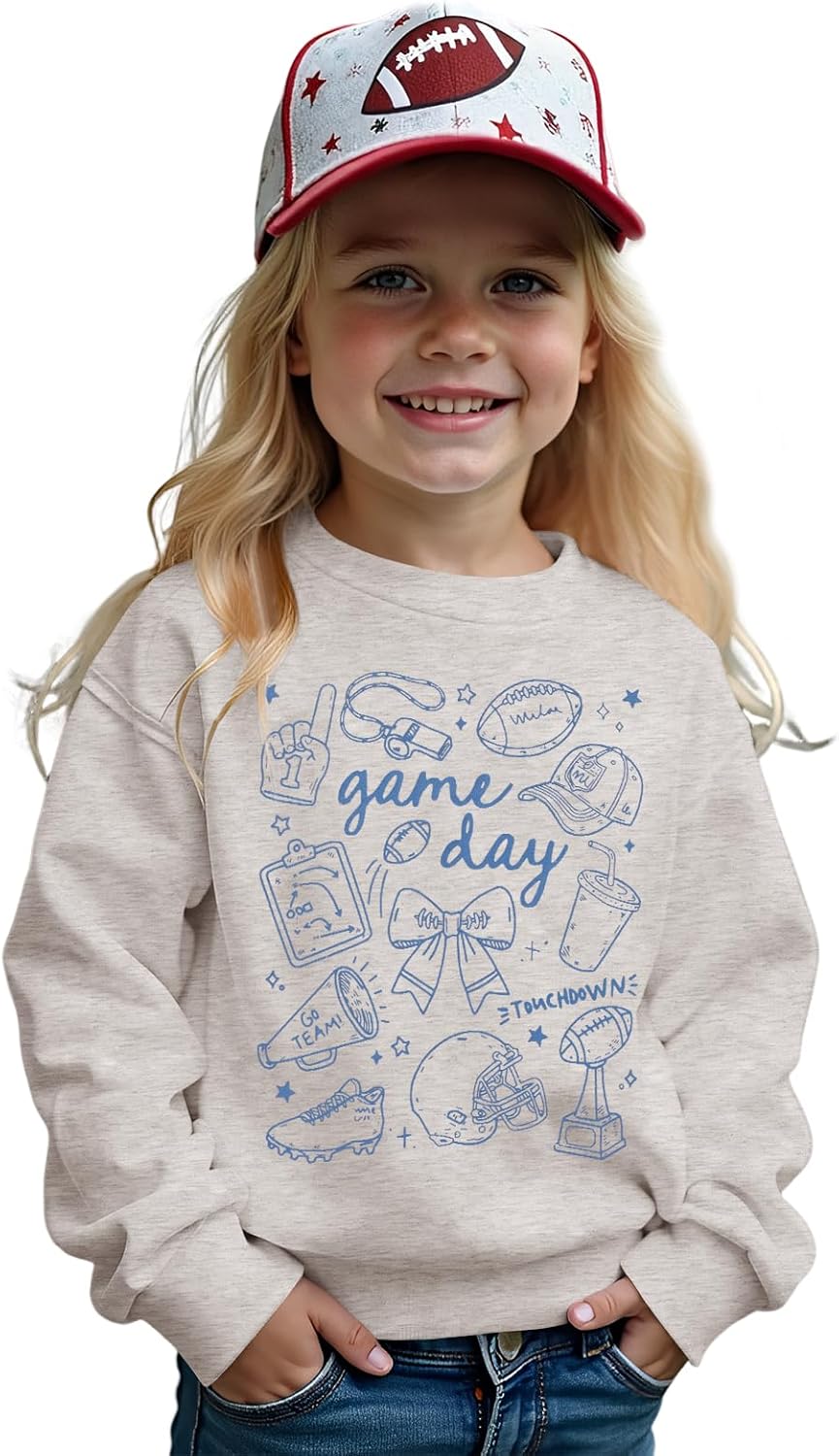 Toddler Girl Boy Game Day Football Sweatshirt Football Doodles Pullover Long Sleeve Shirt Kids Rugby Sport Fans Outfit