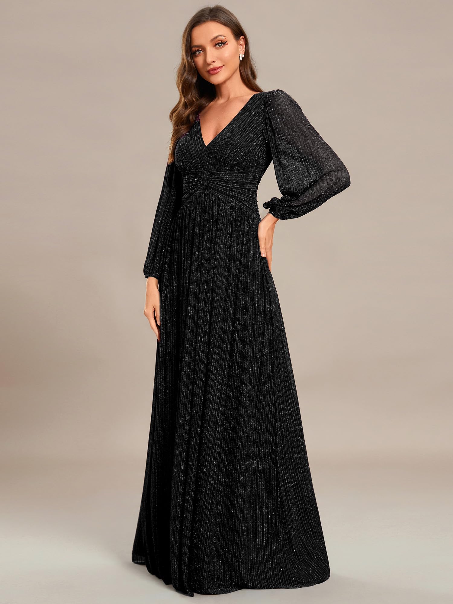 Ever-Pretty Vestido formal de noche para mujer, manga larga, cuello en V, plisado, cintura imperio, longitud hasta el suelo, talla grande