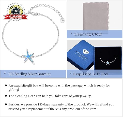 Miniatura 7 de Pulsera de estrella de mar de plata de ley 925 con ópalo de fuego blanco, pulseras de cadena de joyería de océano para cumpleaños para mujeres