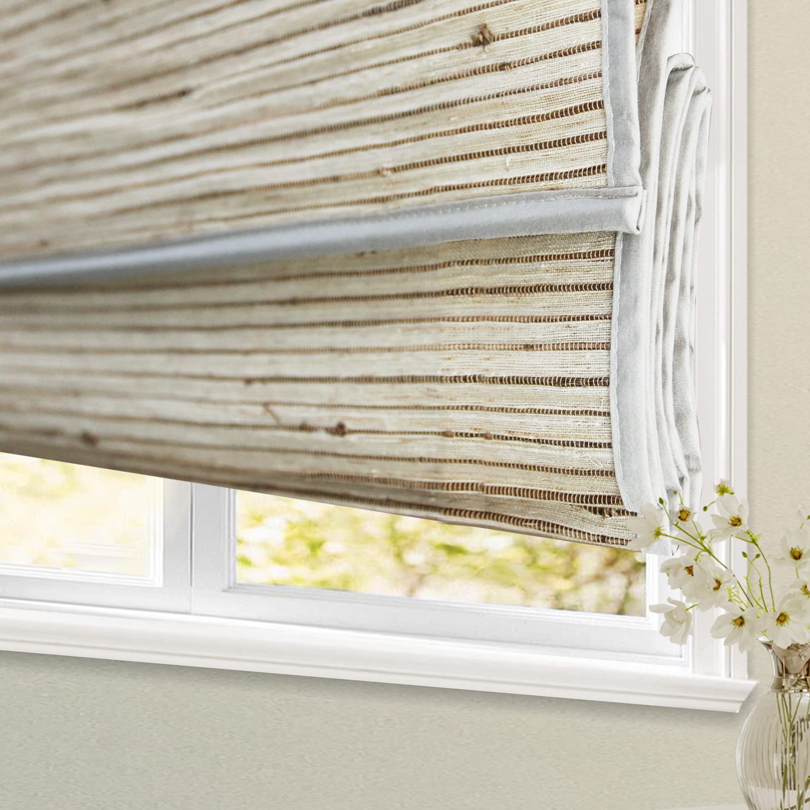 Blackout Cordless Blinds Bamboo Roman Shades, Custom Window Shades with Borders, Natural 100% Bamboo and Linen Blinds for Windows, Pattern 431