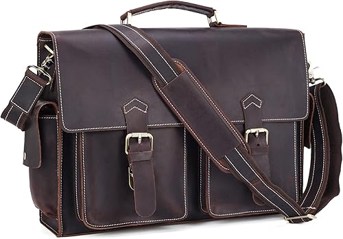 Polare - Maletín de cuero de grano completo de 18 pulgadas para computadora portátil de negocios estilo vintage bolsa de mensajero universitario
