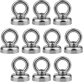 10 Pack Strong Neodymium Magnets with Eyebolts, 22 Pound Pull Strength, 1-inch Round Base, 1/2-Inch Eyelet Diameter, Heavy Duty Salvage Magnet