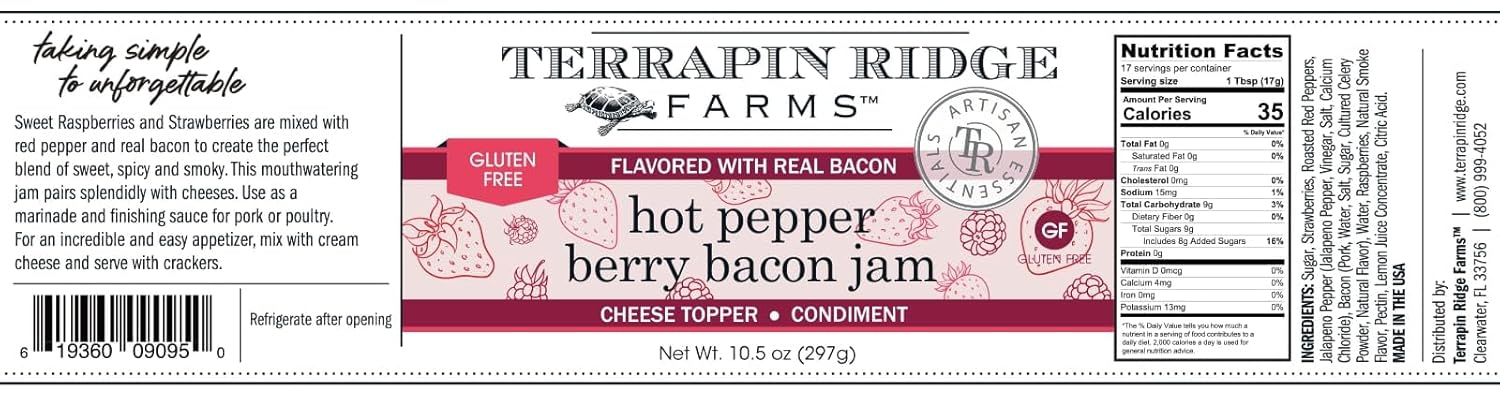 Terrapin Ridge Farms Hot Pepper Berry Bacon Jam - Sweet & Spicy Blend of Raspberries, Strawberries, Roasted Red Peppers & Bacon - Perfect for Appetizers, Marinades, and More -10.5 Ounce (Pack of 2)