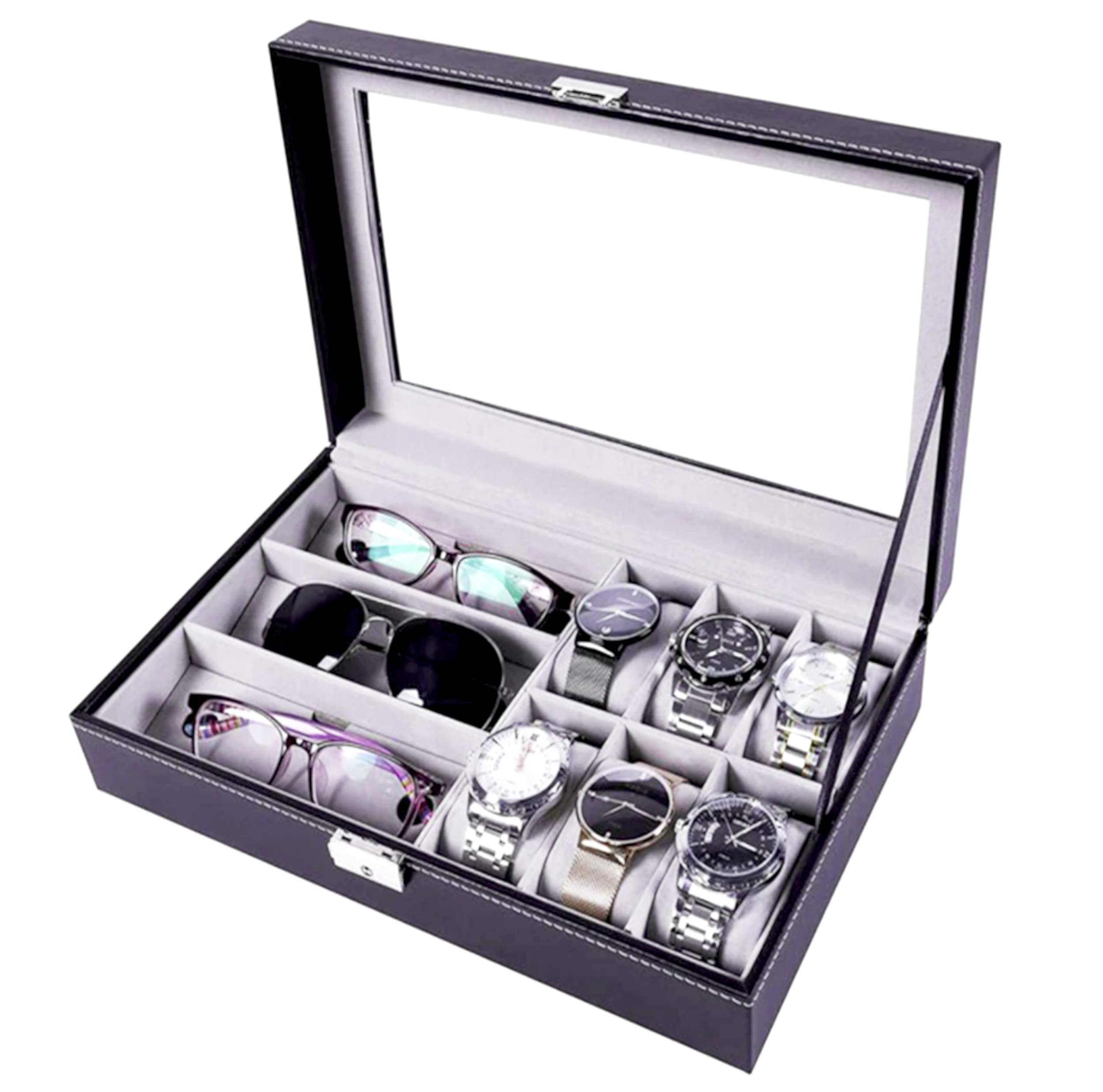Maestrorelojero - Custodia Vetrina per 3 Occhiali e 6 Orologi | Organizer Gioielli da Cassetto | Contenitore Orologi | Organizer per Anelli, Orologi Uomo Automatici, Occhiali da Sole Donna, Box Uomo