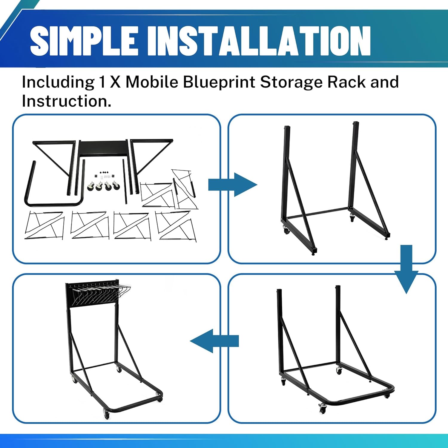 KUAFU Mobile Blueprint Storage Rack with 12 Adjustable Height/Length Pivot Brackets Map Poster File Organizer Stand Plans Holder Powder Coated Steel Black