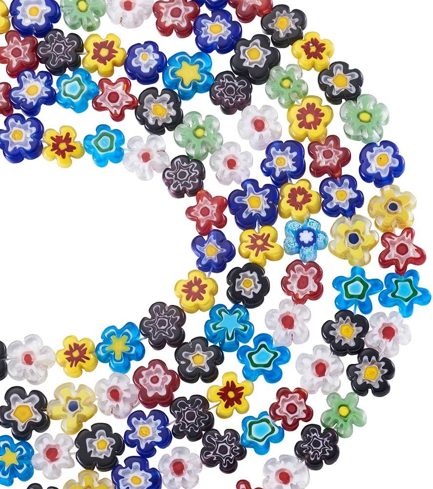 PandaHall 5 Strands Flower Shape Millefiori Glass Beads 10~12x4mm Lampwork Glass Beads with Single Flower for DIY Jewelry Making Random Mixed Color