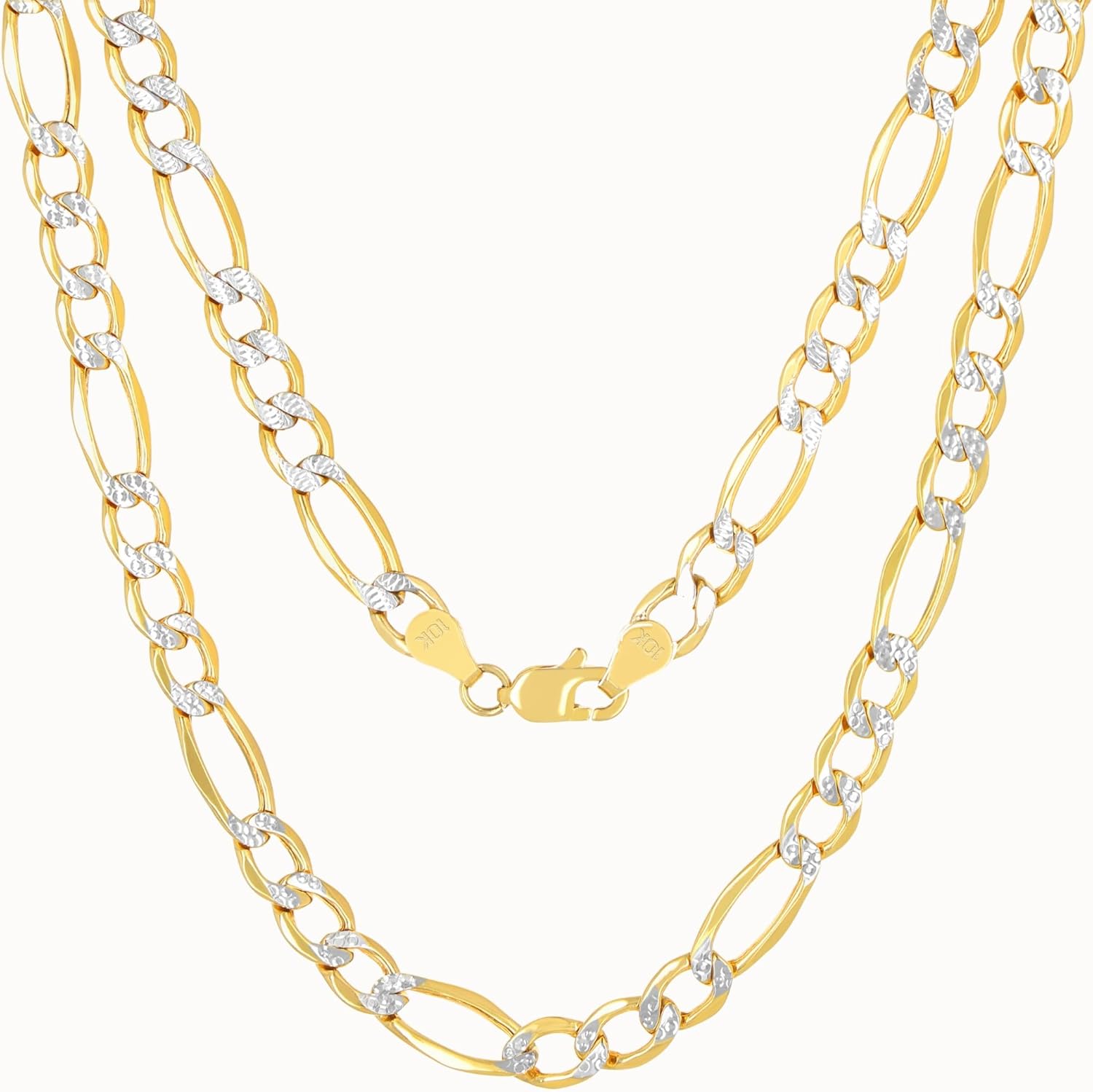 Nuragold 10K イエローゴールド 5.5mm フィガロチェーンリンク ダイヤモンドカット パヴェ ツートーンペンダントネッ