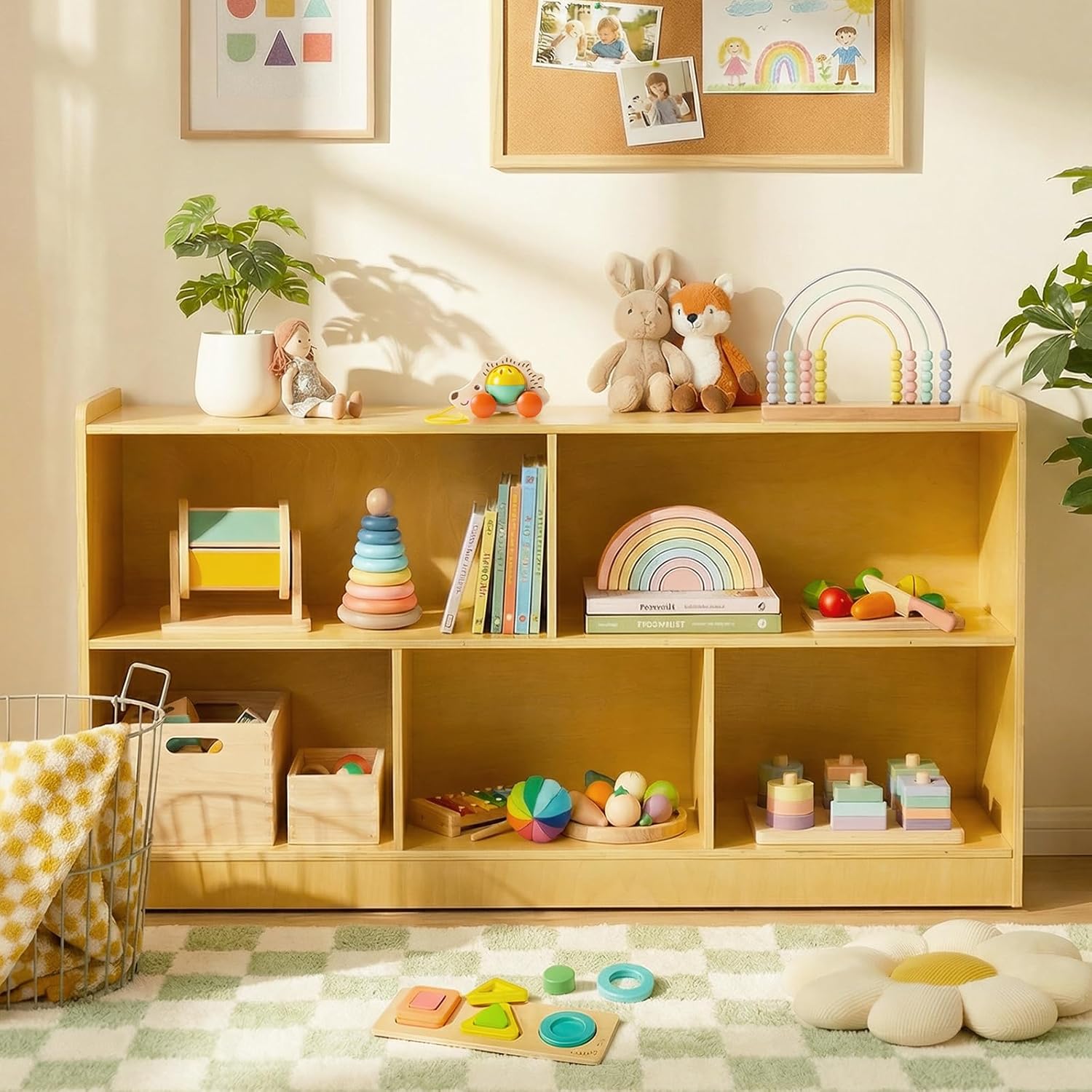 Montessori Shelf, Wooden Toy Storage Organizer with 2-Tier Shelf & 5-Section Storage Cabinet, Kids Bookshelf/Bookcase for Toddler Playroom, Nursery, Classroom(Natural)