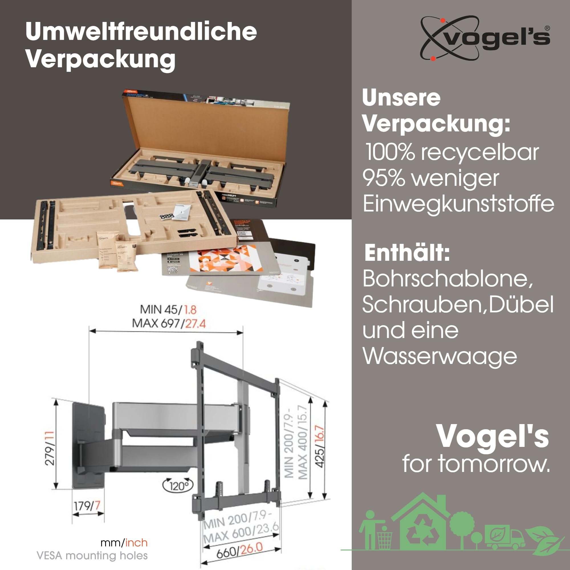 Vogel's Elite TVM 5855 Ultrastarke schwenkbare TV-Wandhalterung für große und schwere Fernseher von bis zu 100 Zoll und 75 kg, Schwenkbar bis zu 120°, Max. VESA 600x400, Universelle Kompatibilität