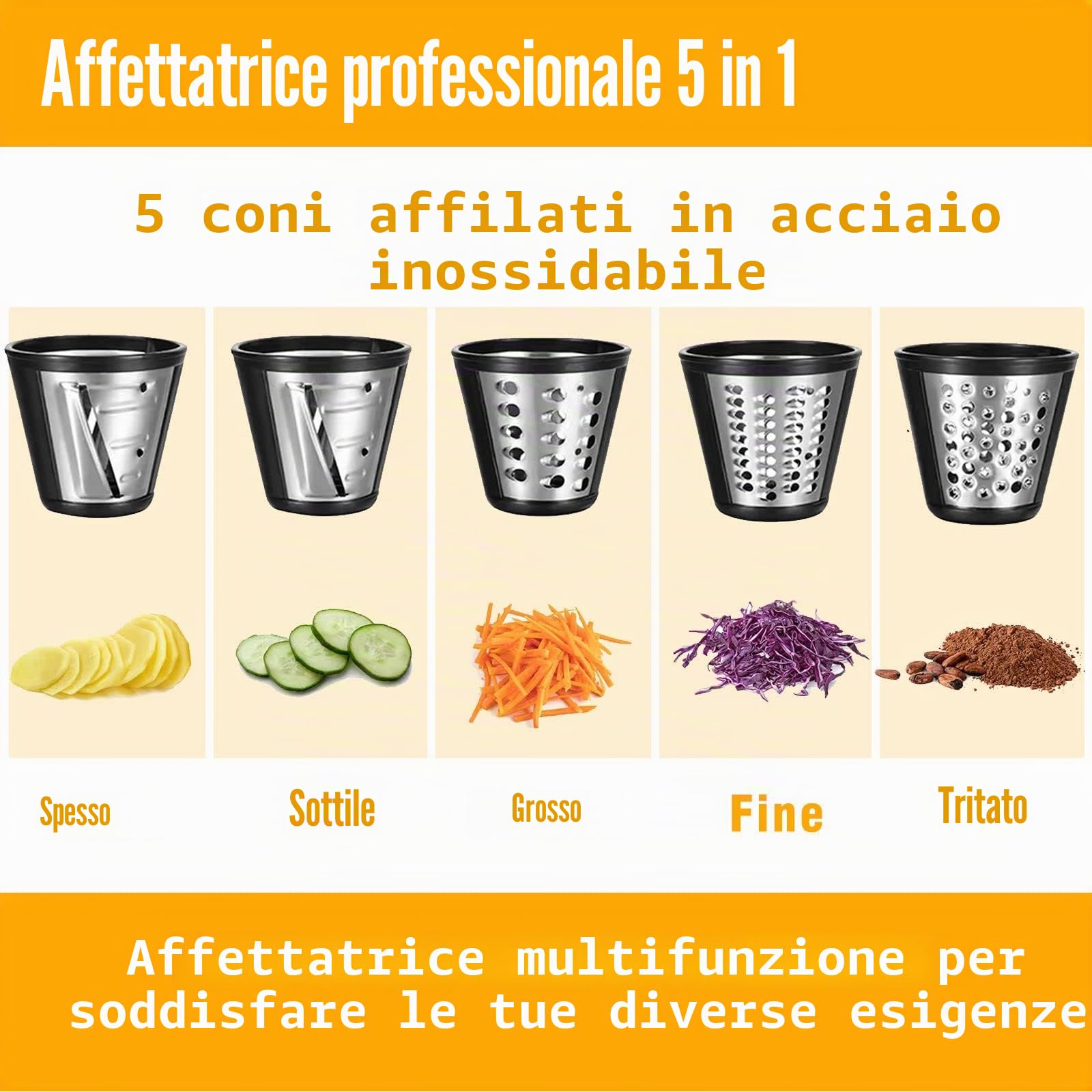 Taglia Verdure Elettrico 250W, 5-in-1 Professionale Grattugia Tritatutto Affettaverdure Multifunzione con 5 Lame in Acciaio Inox per Verdure/Parmigiano/Frutta