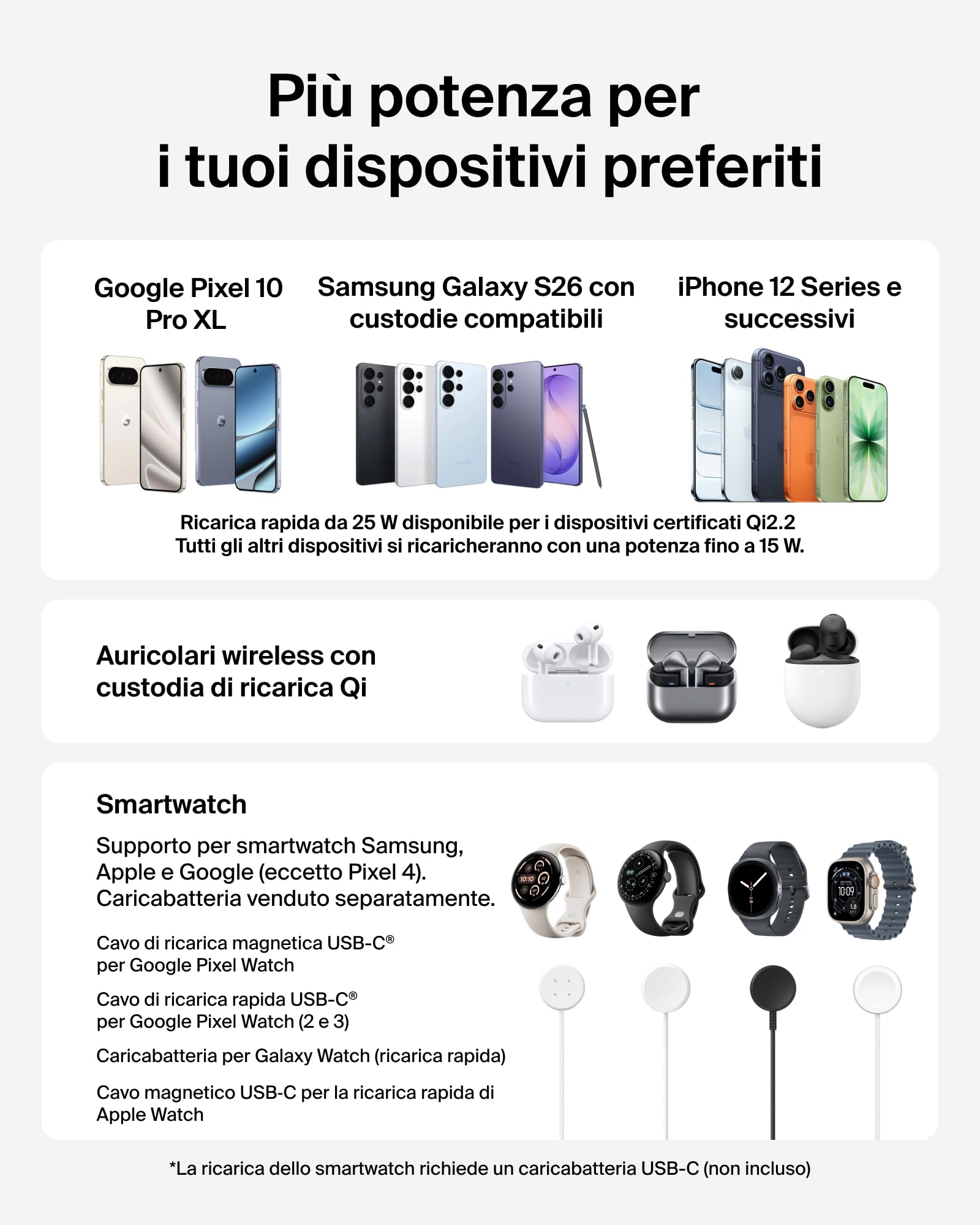 Belkin UltraCharge Caricatore Wireless Qi2 25W 3 in 1 - Nero | Caricatore Magnetico Certificato Qi2.2, USB C, Ricarica Wireless per iPhone, Galaxy, Auricolari, Smartwatch, Alimentatore 45W