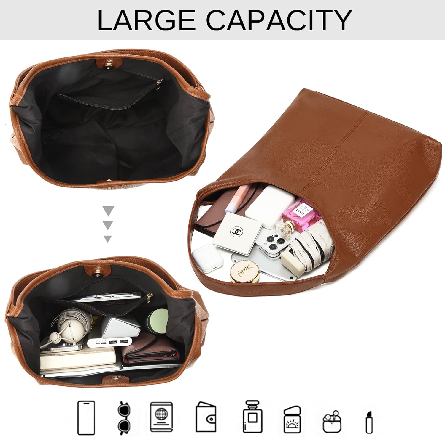 Casual Hobo Bag for Women Soft Shoulder Bags Slouchy Pu Leather Tote Purses for Work Travel - Image 5